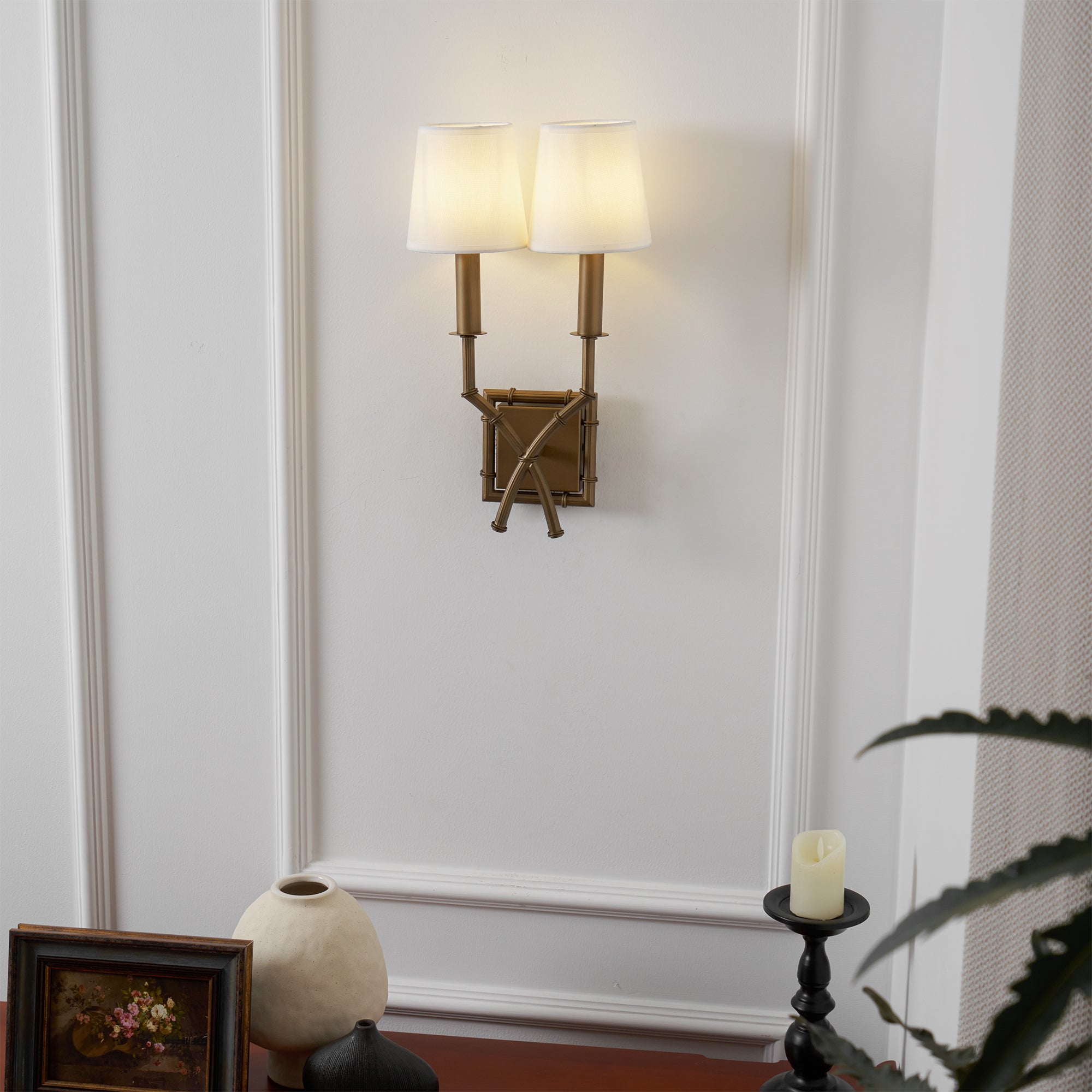 Yelp Vintage Industrial Double Arm Bamboo Fabric Sconce Wall Lamp - Letslighting