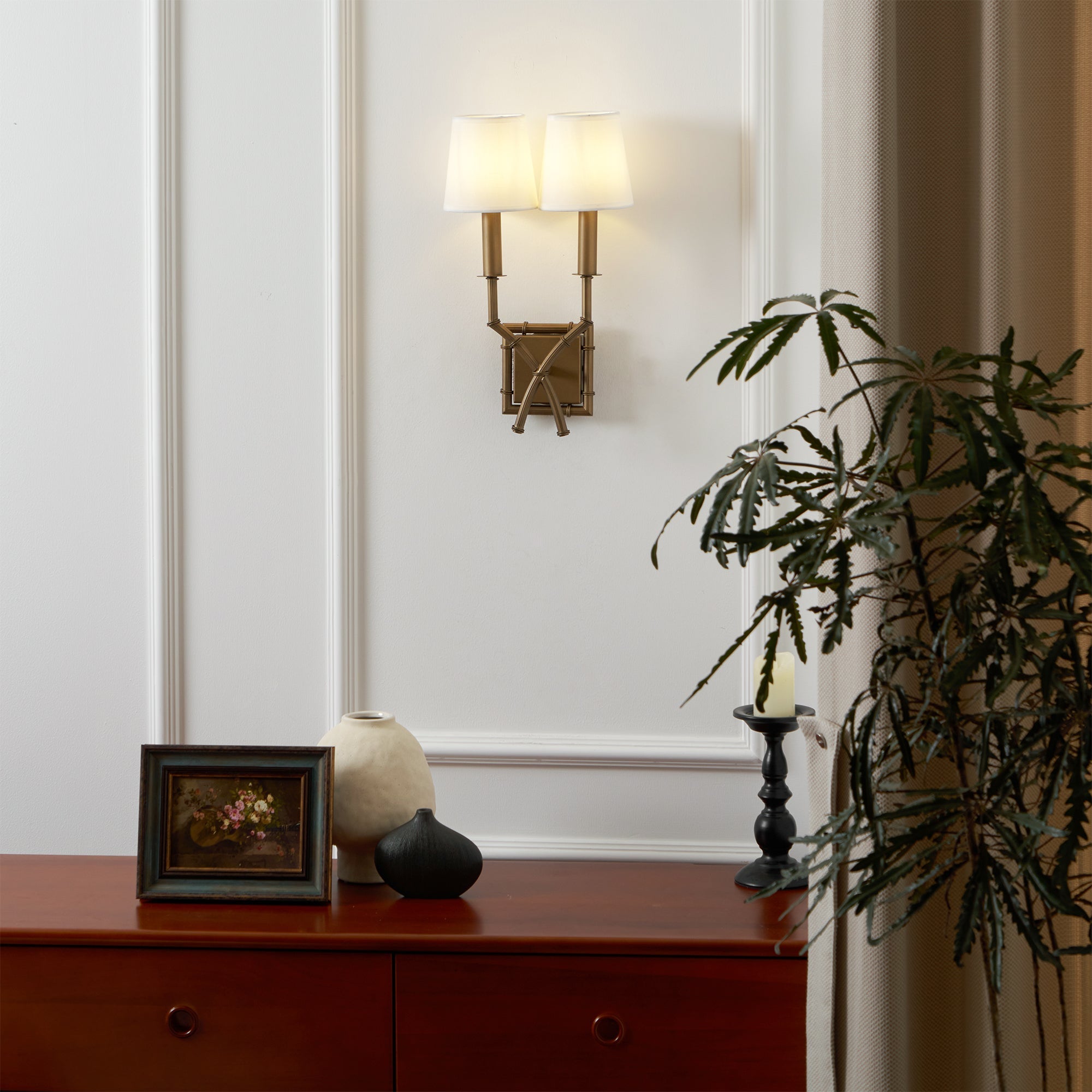 Yelp Vintage Industrial Double Arm Bamboo Fabric Sconce Wall Lamp - Letslighting
