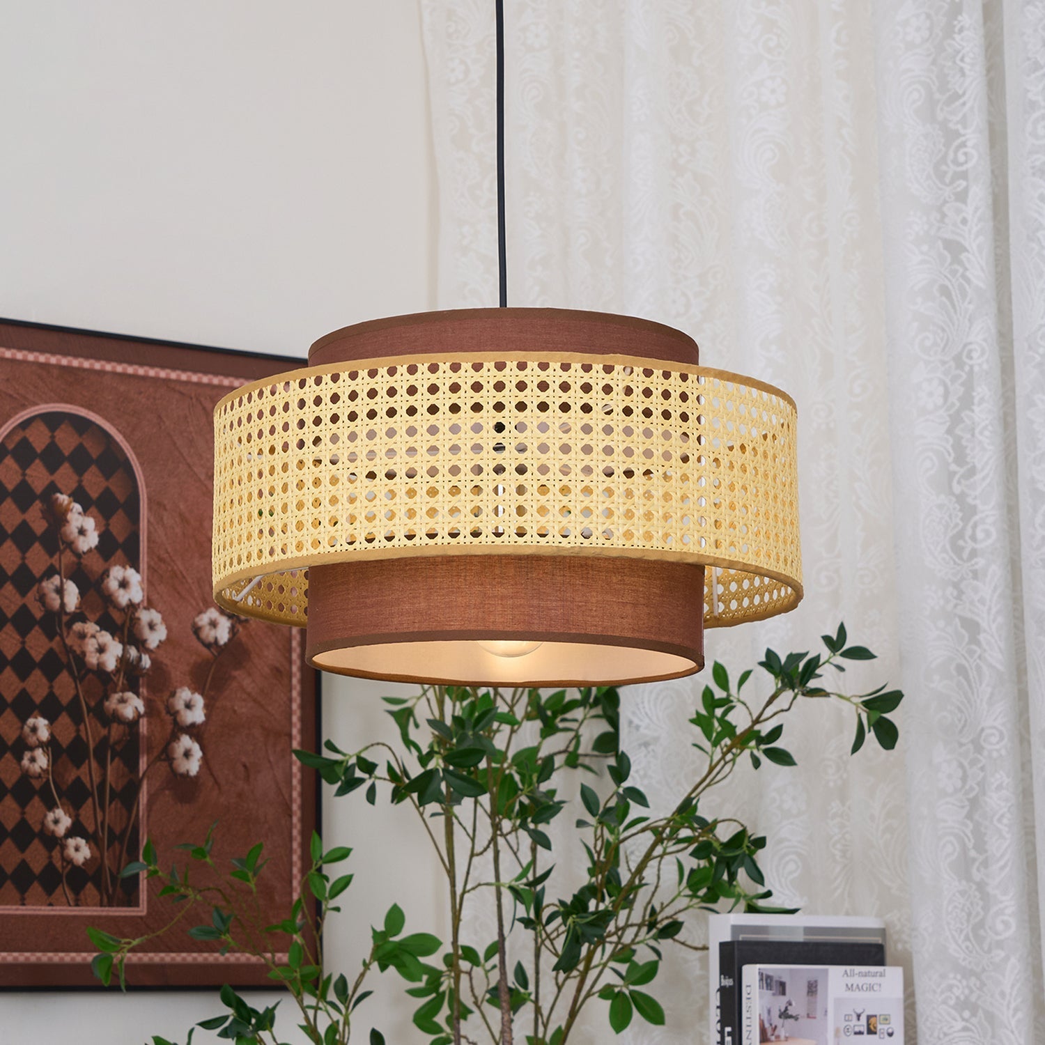 Zerither Rattan Fabric Pendant Light - Letslighting