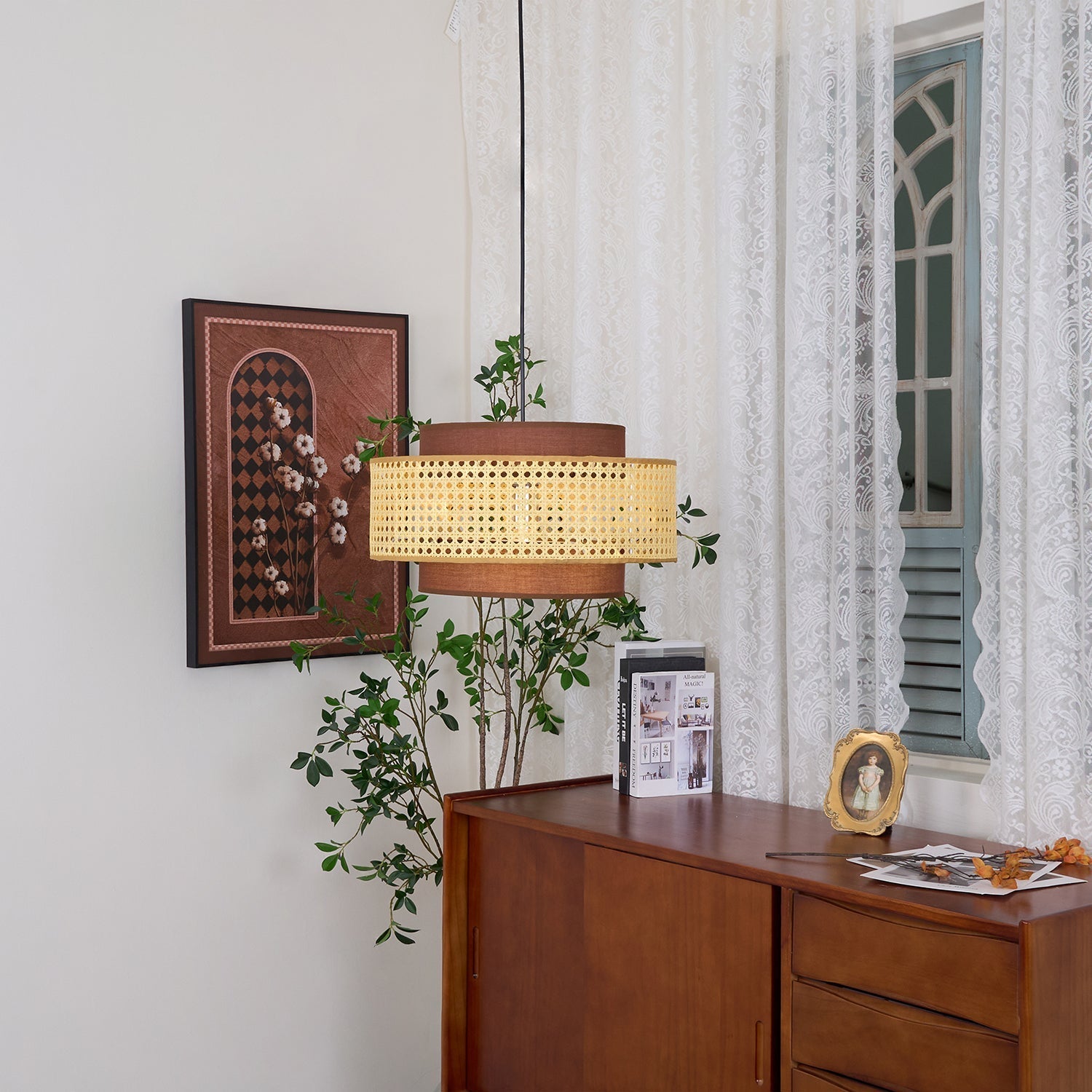 Zerither Rattan Fabric Pendant Light - Letslighting