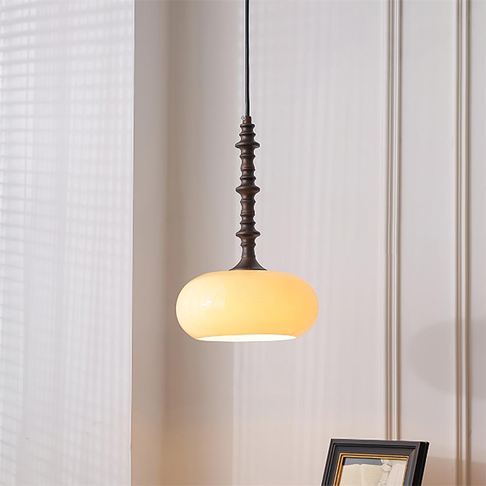 Pendant Lamp White Glass Shade Brown Turned Vintage - Letslighting