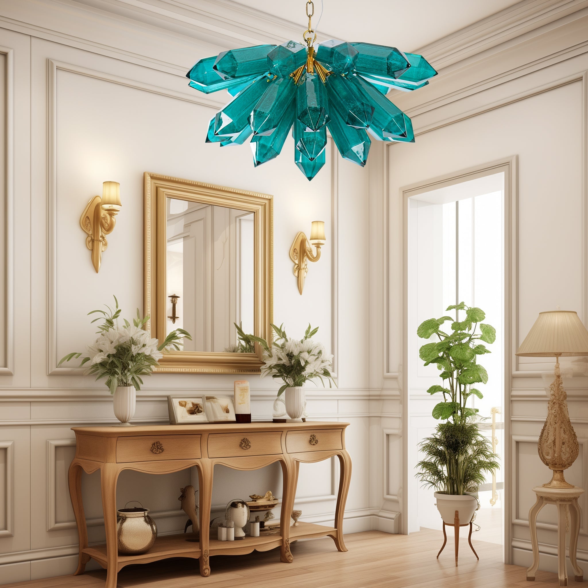 Aurora Chandelier Emerald Crystal Starburst Gold