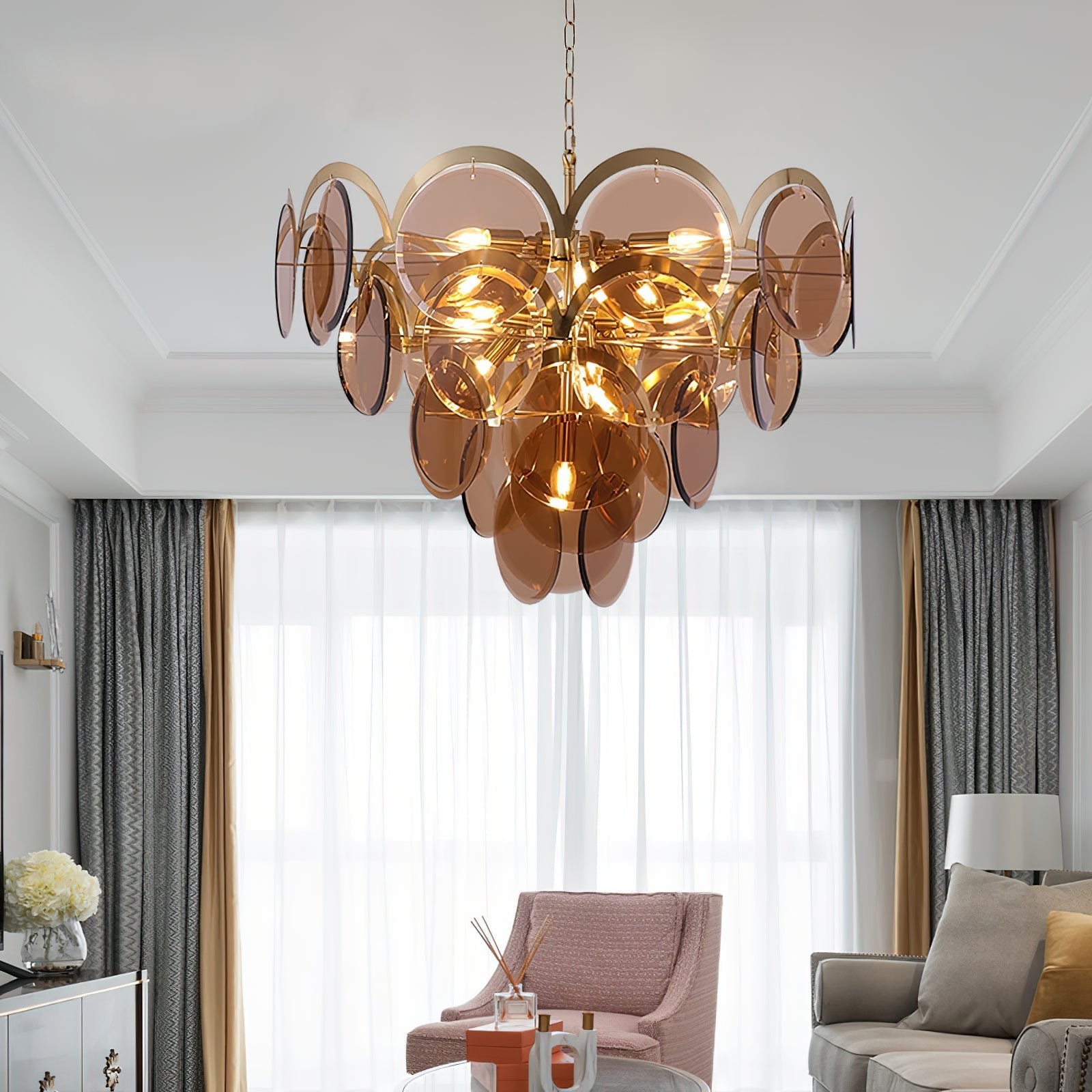 Lustra Chandelier Amber Glass Tiered Circles - Letslighting