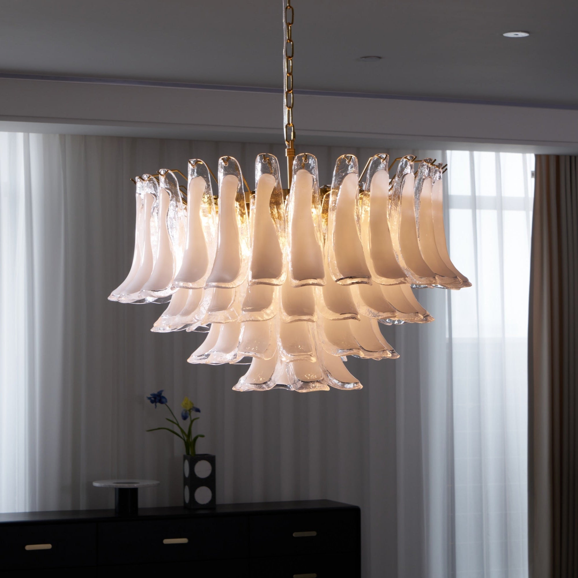 Aurora Chandelier Pink Glass Leaf Layered Floral Glamour - Letslighting