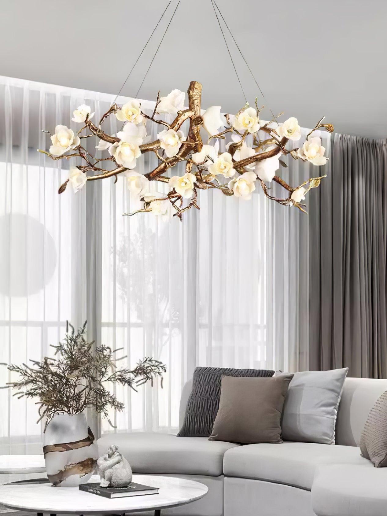 Avaros Postmodern Luxury Flower Bloom Branch Brass Ceramic Chandelier - Letslighting