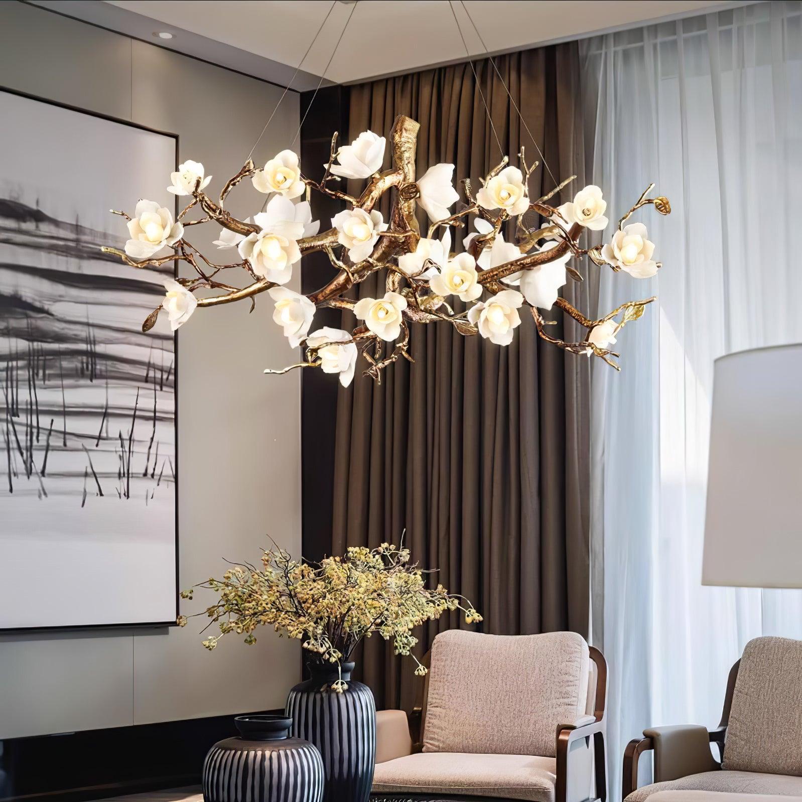 Avaros Postmodern Luxury Flower Bloom Branch Brass Ceramic Chandelier - Letslighting