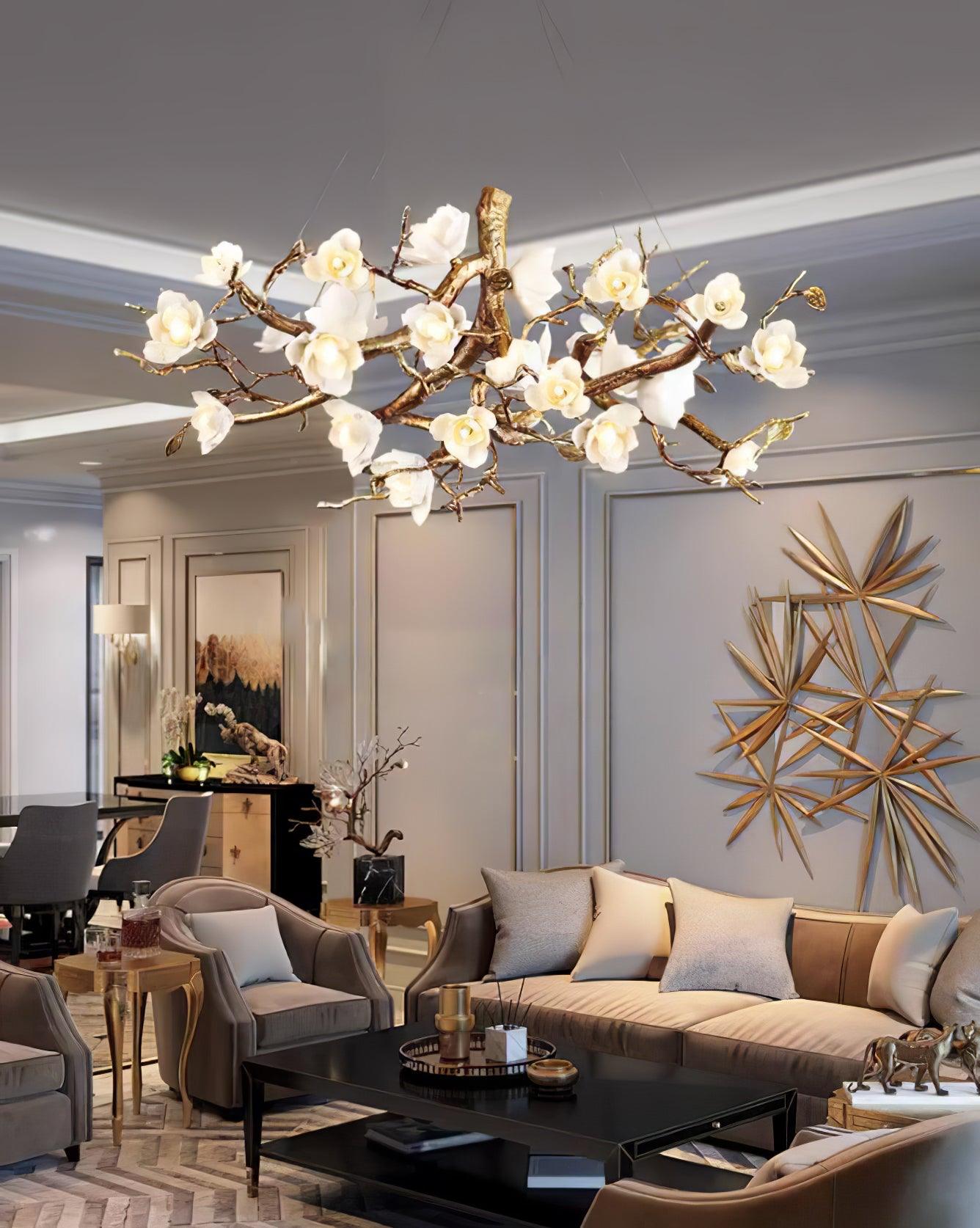 Avaros Postmodern Luxury Flower Bloom Branch Brass Ceramic Chandelier - Letslighting
