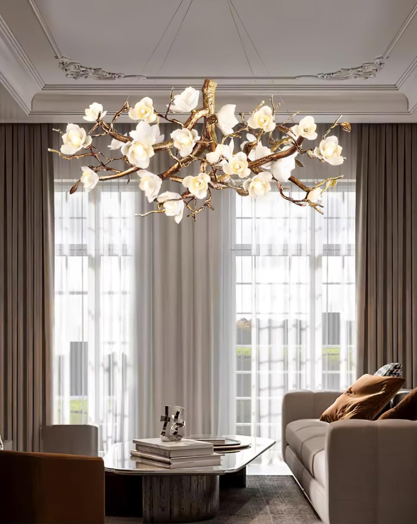 Avaros Postmodern Luxury Flower Bloom Branch Brass Ceramic Chandelier - Letslighting