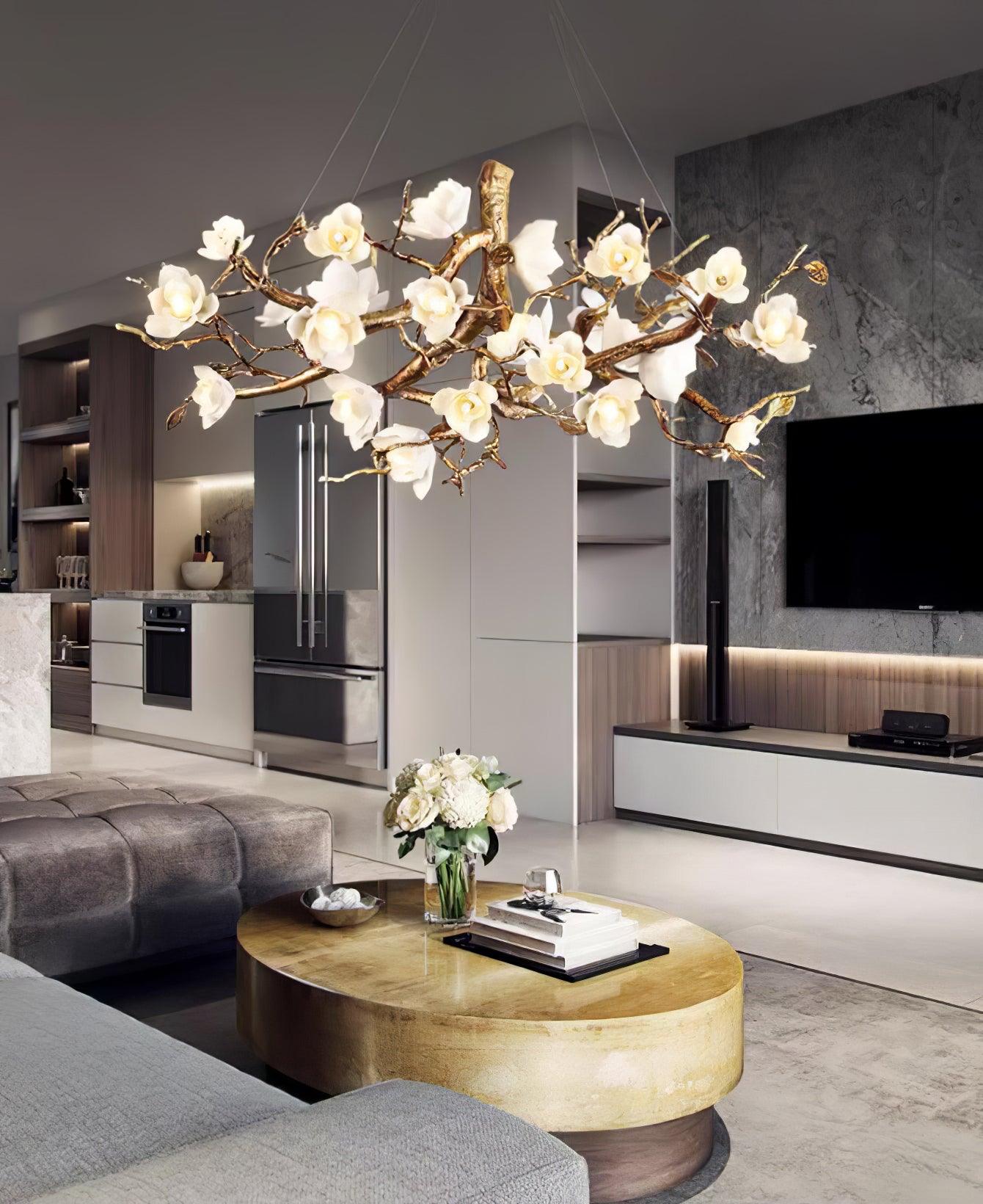 Avaros Postmodern Luxury Flower Bloom Branch Brass Ceramic Chandelier - Letslighting