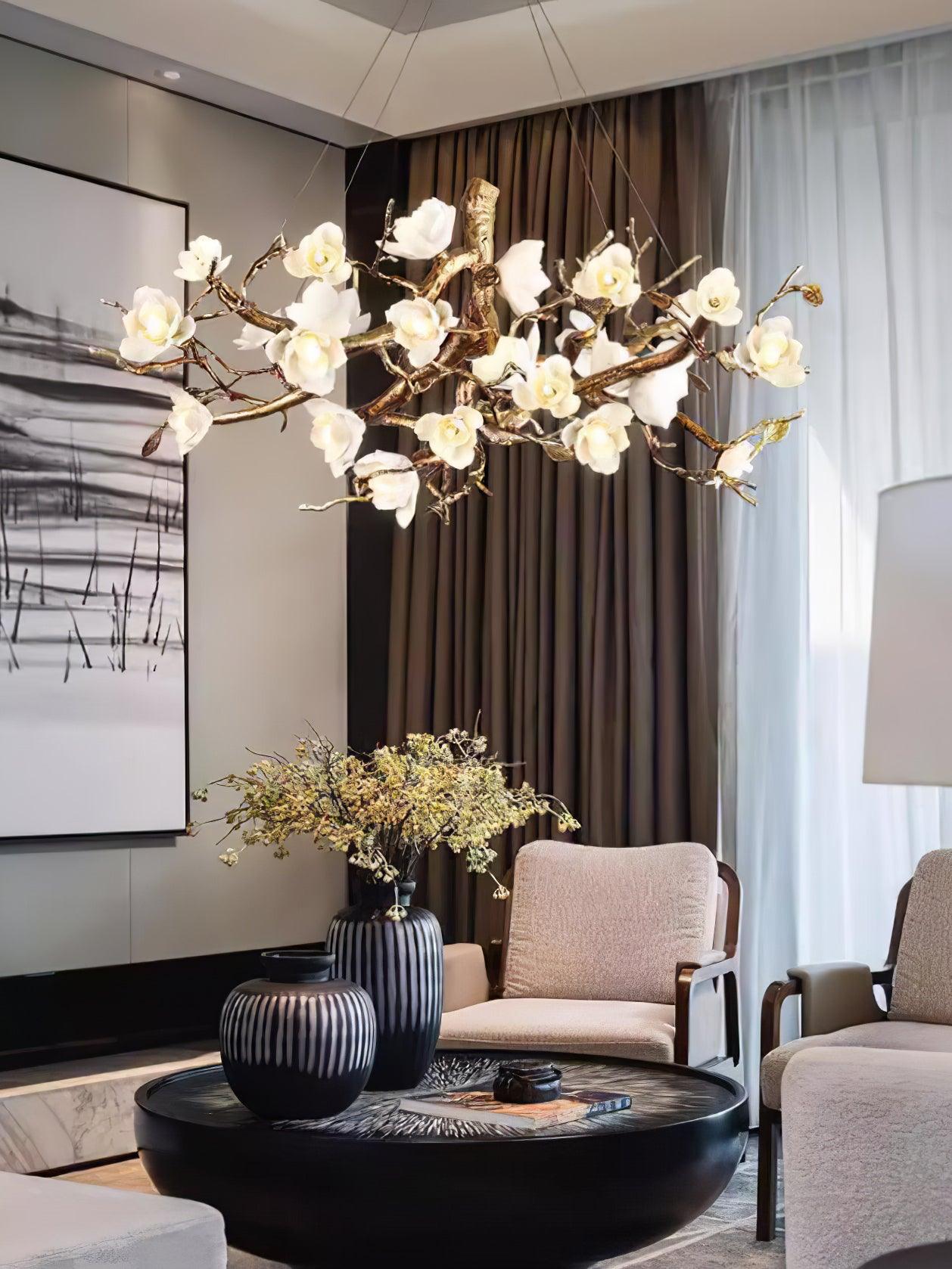 Avaros Postmodern Luxury Flower Bloom Branch Brass Ceramic Chandelier - Letslighting