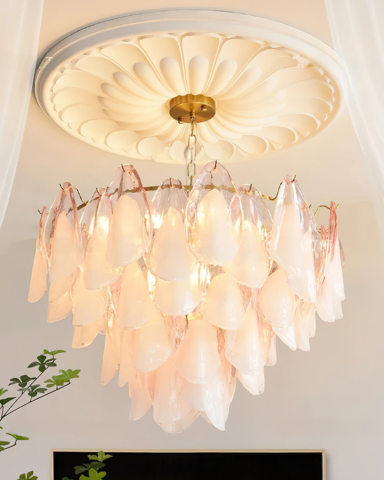 Fuchsia Chandelier Blush & Green Glass Petals - Letslighting