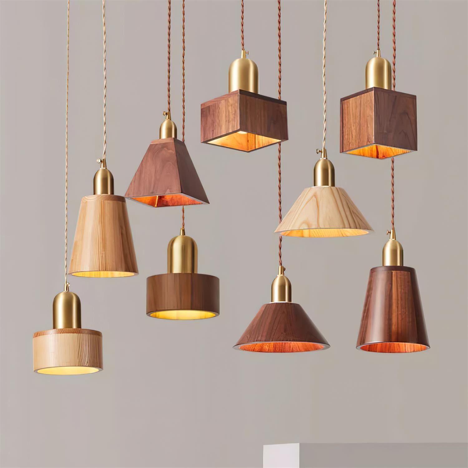 Wood Pendant Lamp Assorted Shapes in Solid Wood and Brass - Letslighting
