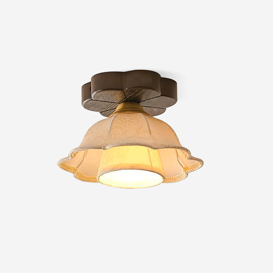 Ceiling Light Scalloped Fabric Shade Walnut Wood Canopy Vintage