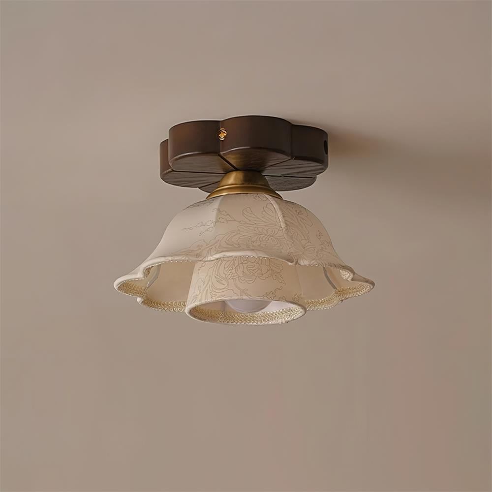 Ceiling Light Scalloped Fabric Shade Walnut Wood Canopy Vintage