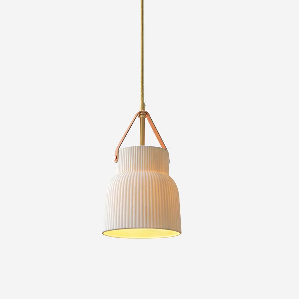 Pendant Lamp Ceramic Ribbed Shade Brass Leather Strap Modern - Letslighting