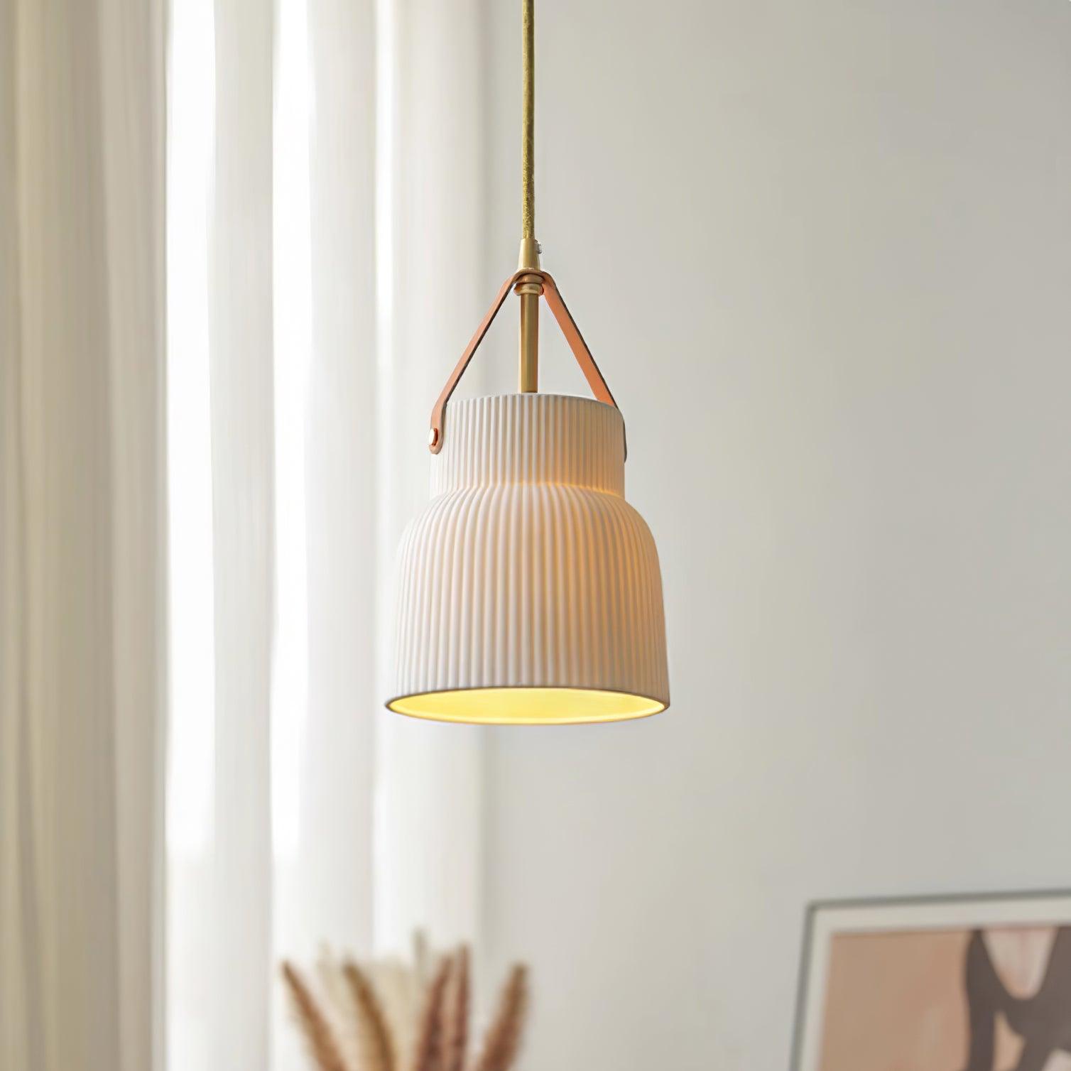 Pendant Lamp Ceramic Ribbed Shade Brass Leather Strap Modern - Letslighting