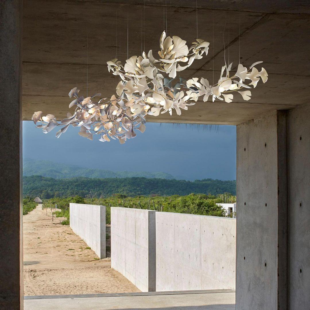 Gingko Chandelier Long Version Porcelain Leaf Branch Organic - Letslighting