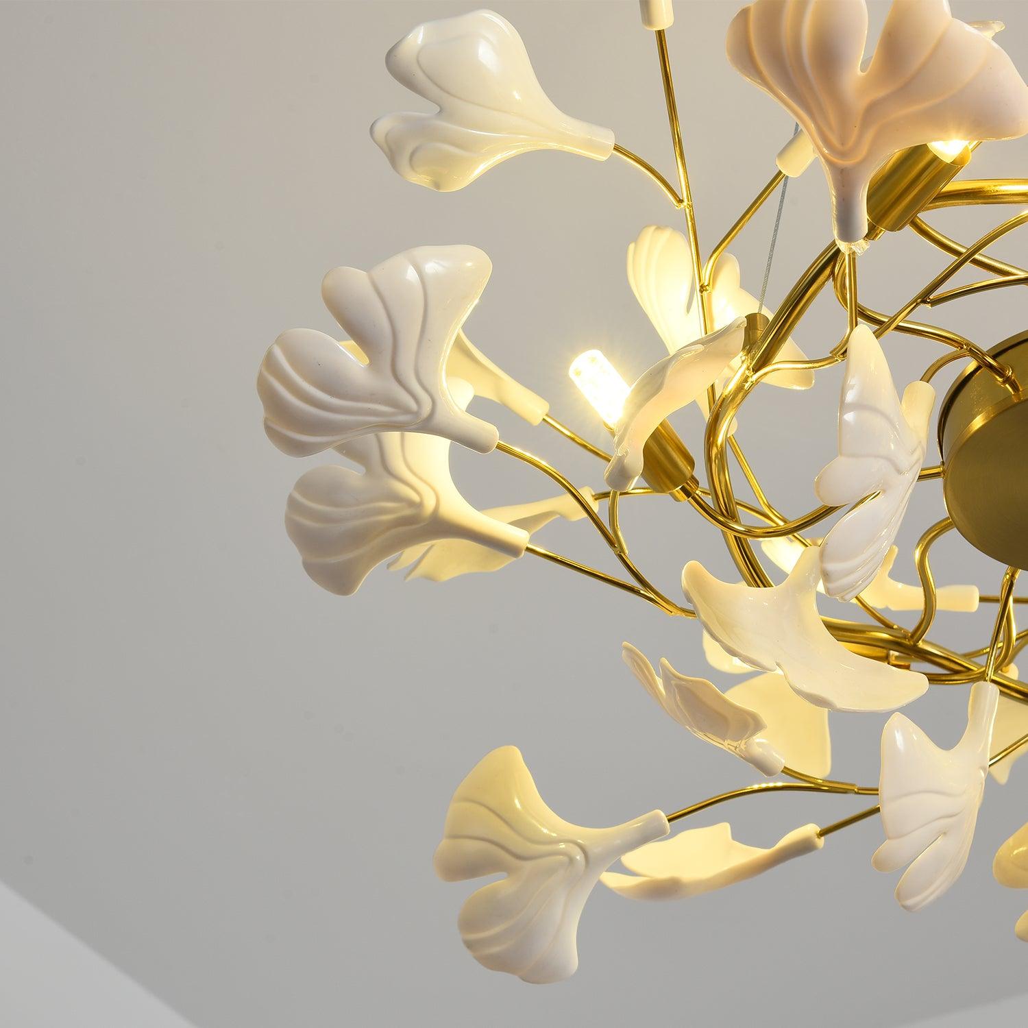 Olivia Ceramic Gingko Leaf Ceiling Light Gold and White Leaves - Letslighting