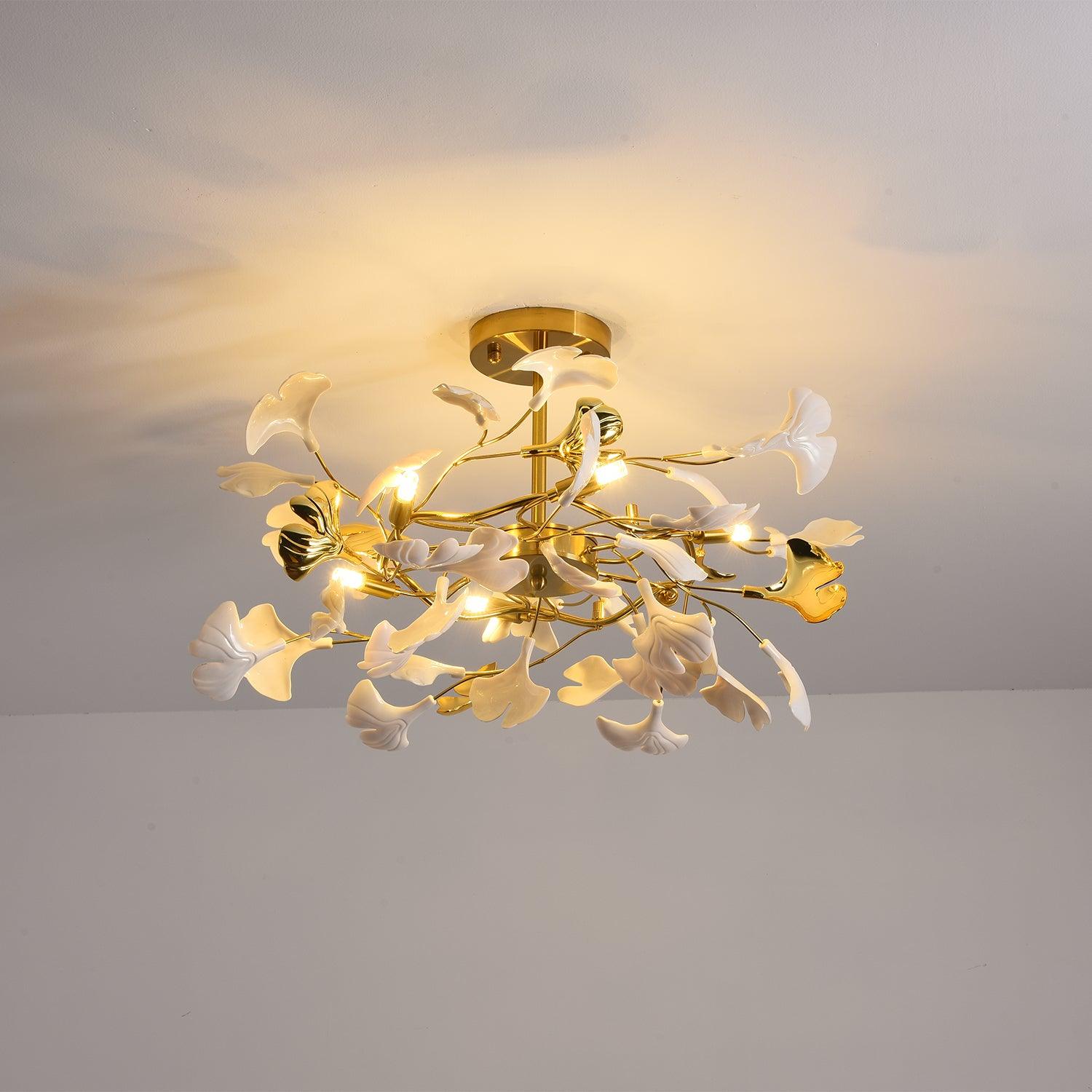 Olivia Ceramic Gingko Leaf Ceiling Light Gold and White Leaves - Letslighting