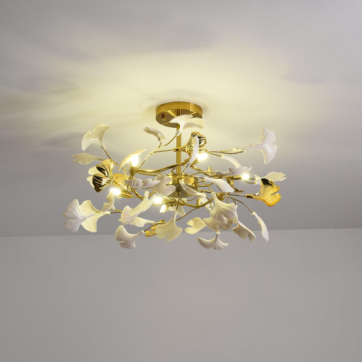 Olivia Ceramic Gingko Leaf Ceiling Light Gold and White Leaves - Letslighting