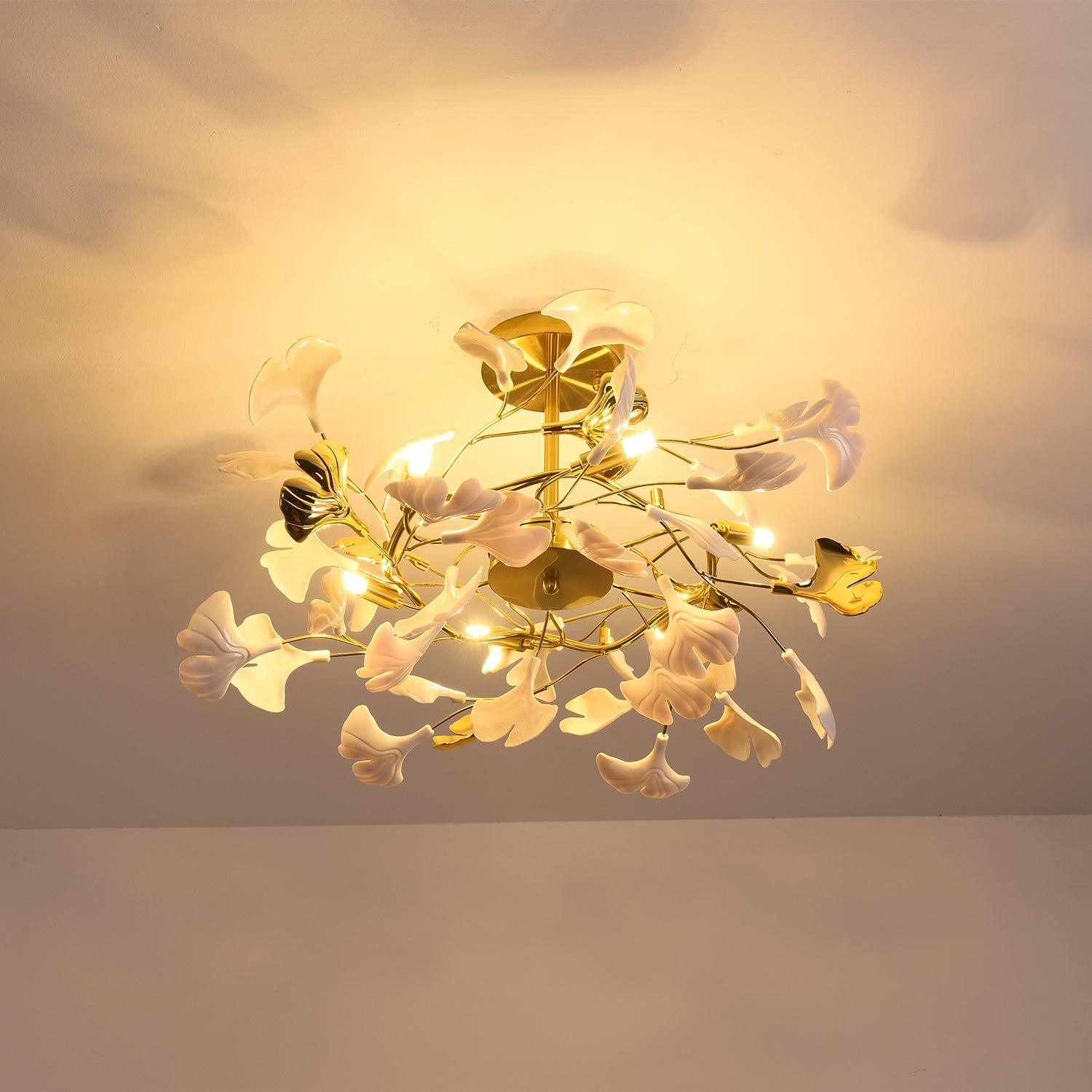 Olivia Ceramic Gingko Leaf Ceiling Light Gold and White Leaves - Letslighting