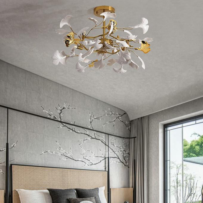 Olivia Ceramic Gingko Leaf Ceiling Light Gold and White Leaves - Letslighting