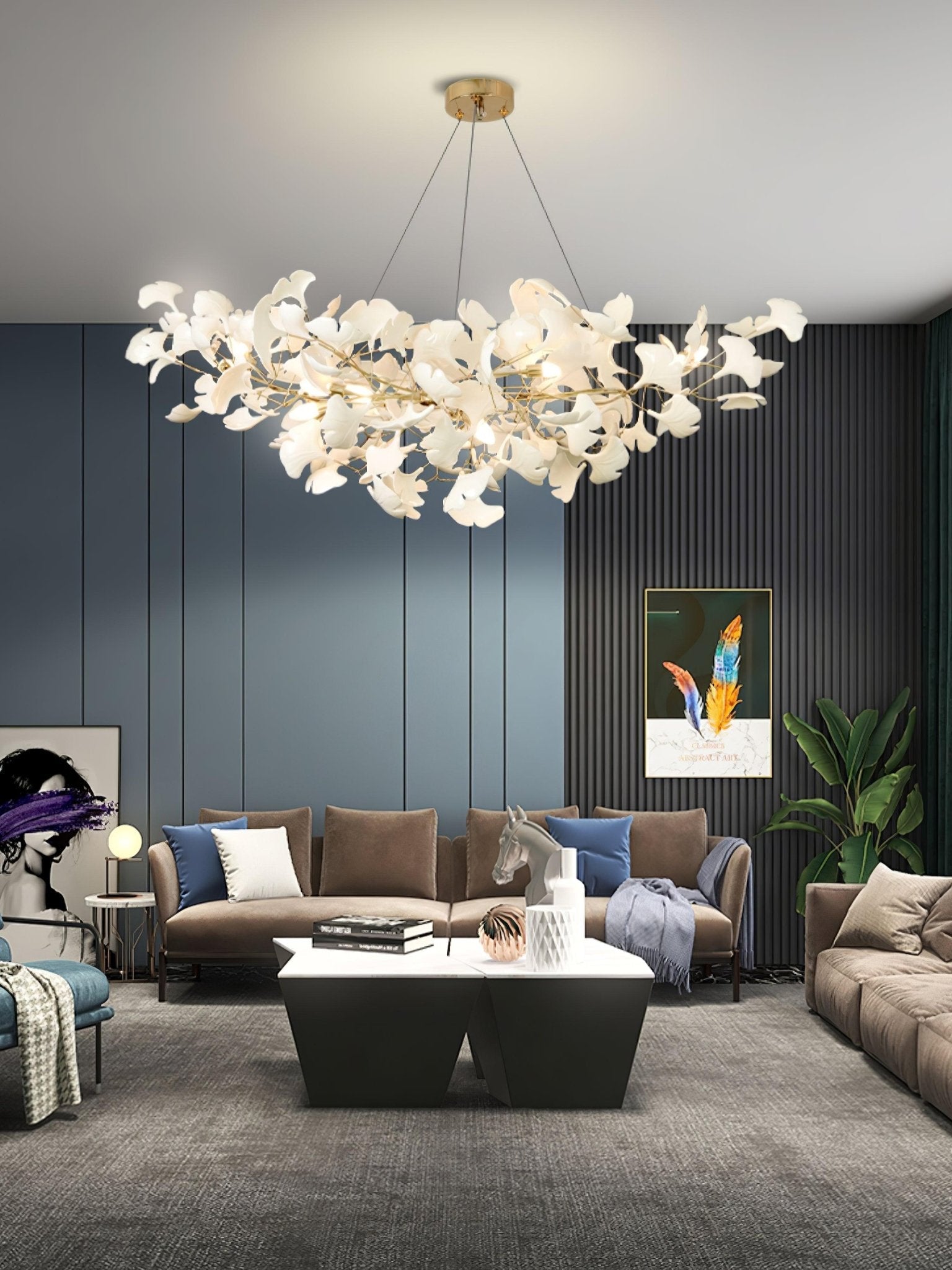 Olivia Ceramic Gingko Chandelier Gold& Black Leaf Smile-Style - Letslighting