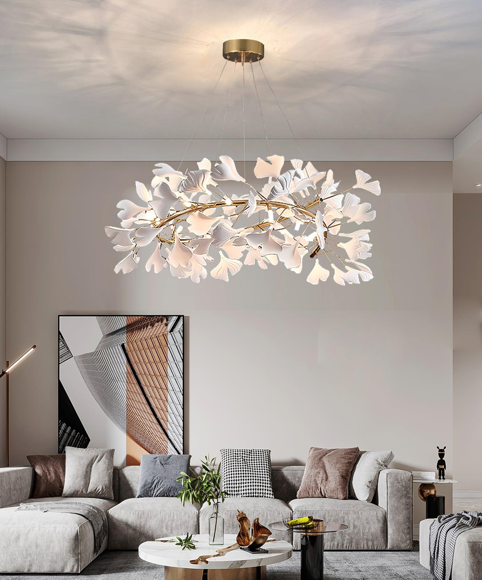 Chandelier White Ceramic Ginkgo Petals Gold Branches Art - Letslighting