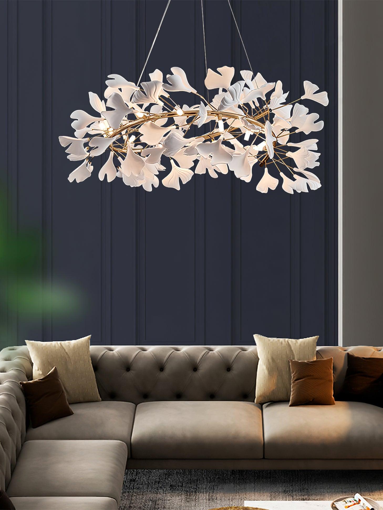 Chandelier White Ceramic Ginkgo Petals Gold Branches Art - Letslighting