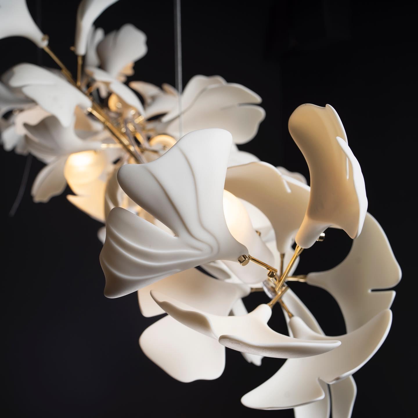 Chandelier White Ceramic Ginkgo Petals Gold Branches Art - Letslighting