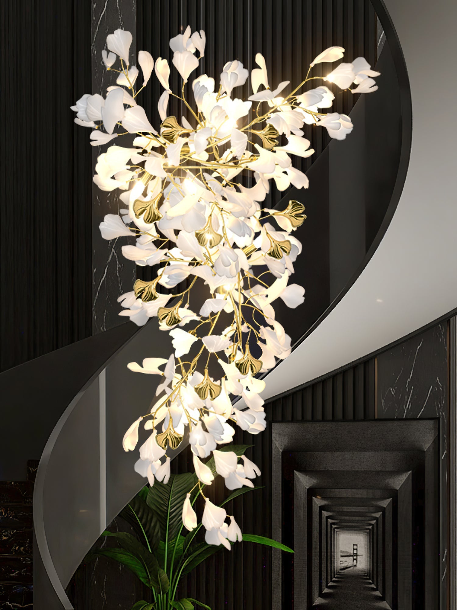 Olivia Ceramic Gingko Chandelier Luxury Hotel Staircase - Letslighting