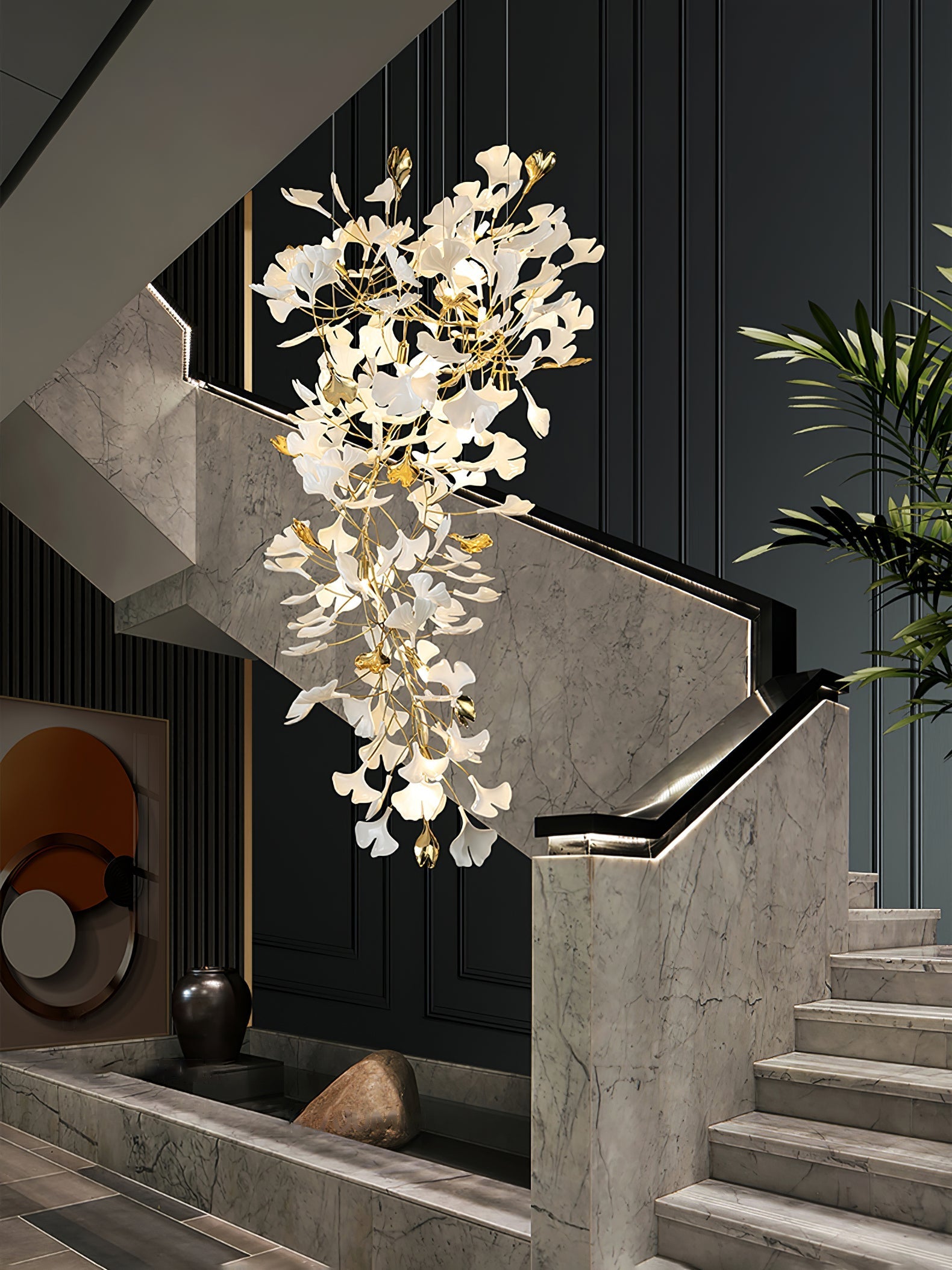 Olivia Ceramic Gingko Chandelier Luxury Hotel Staircase - Letslighting