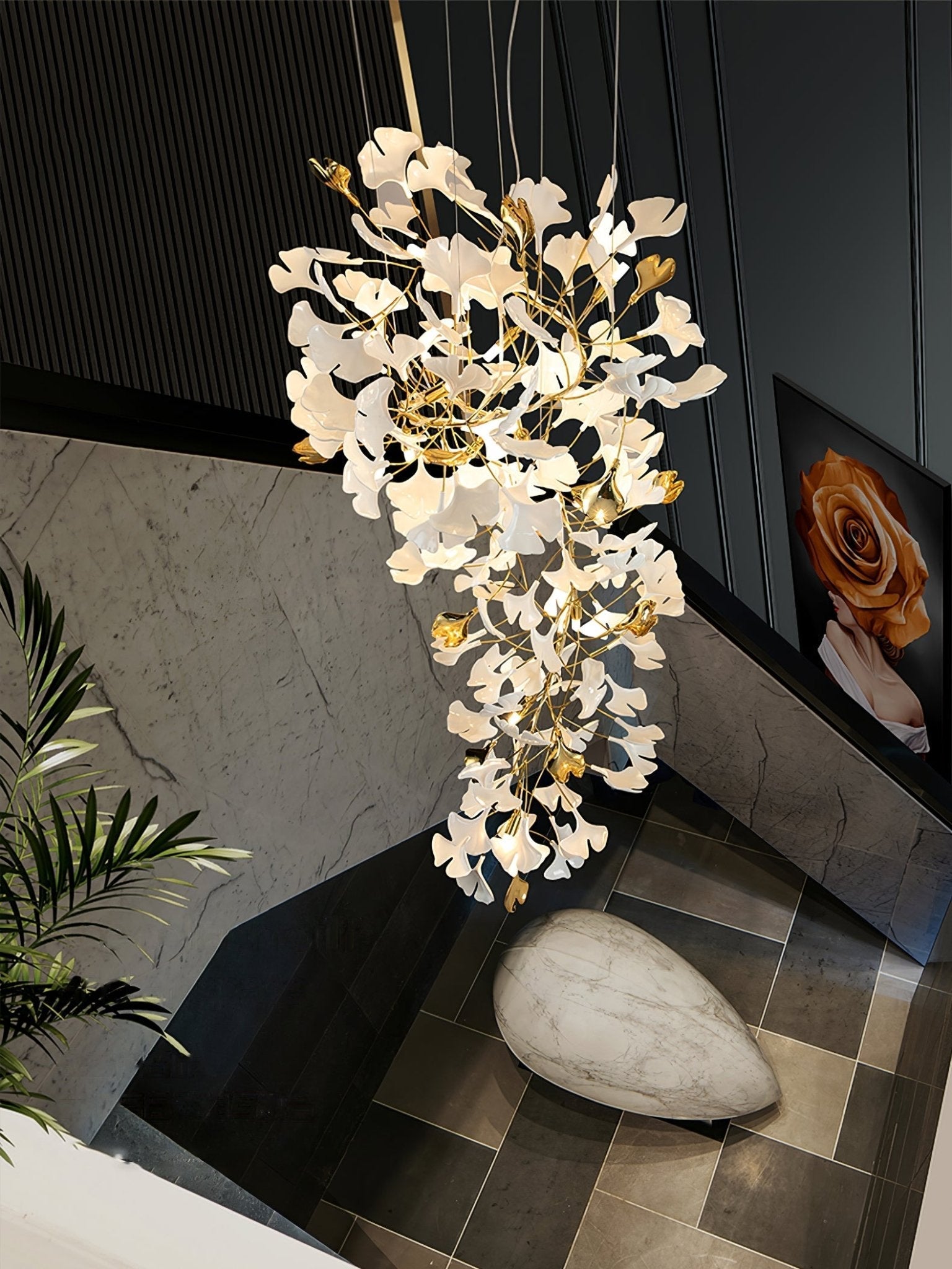 Olivia Ceramic Gingko Chandelier Luxury Hotel Staircase - Letslighting