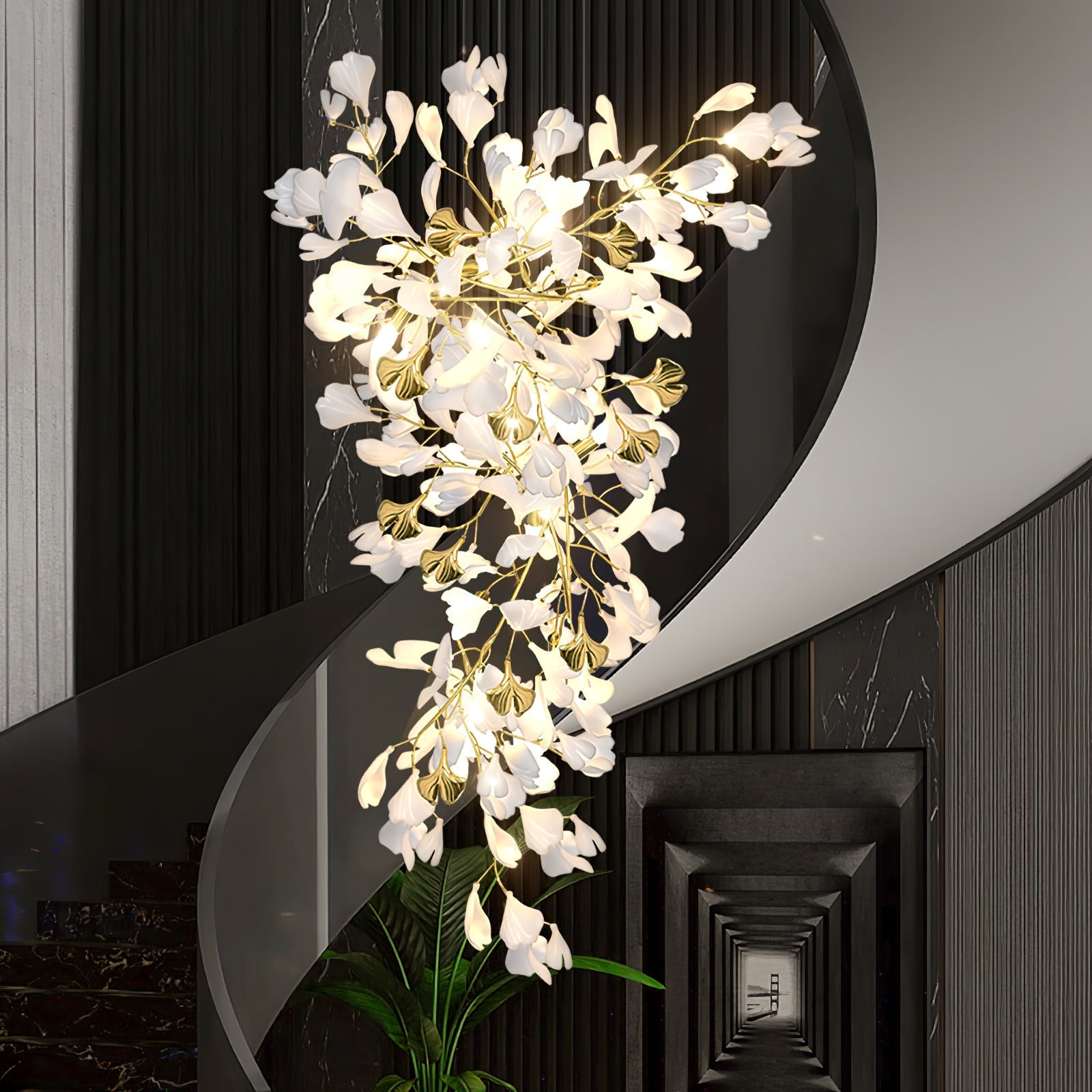 Olivia Ceramic Gingko Chandelier Luxury Hotel Staircase - Letslighting