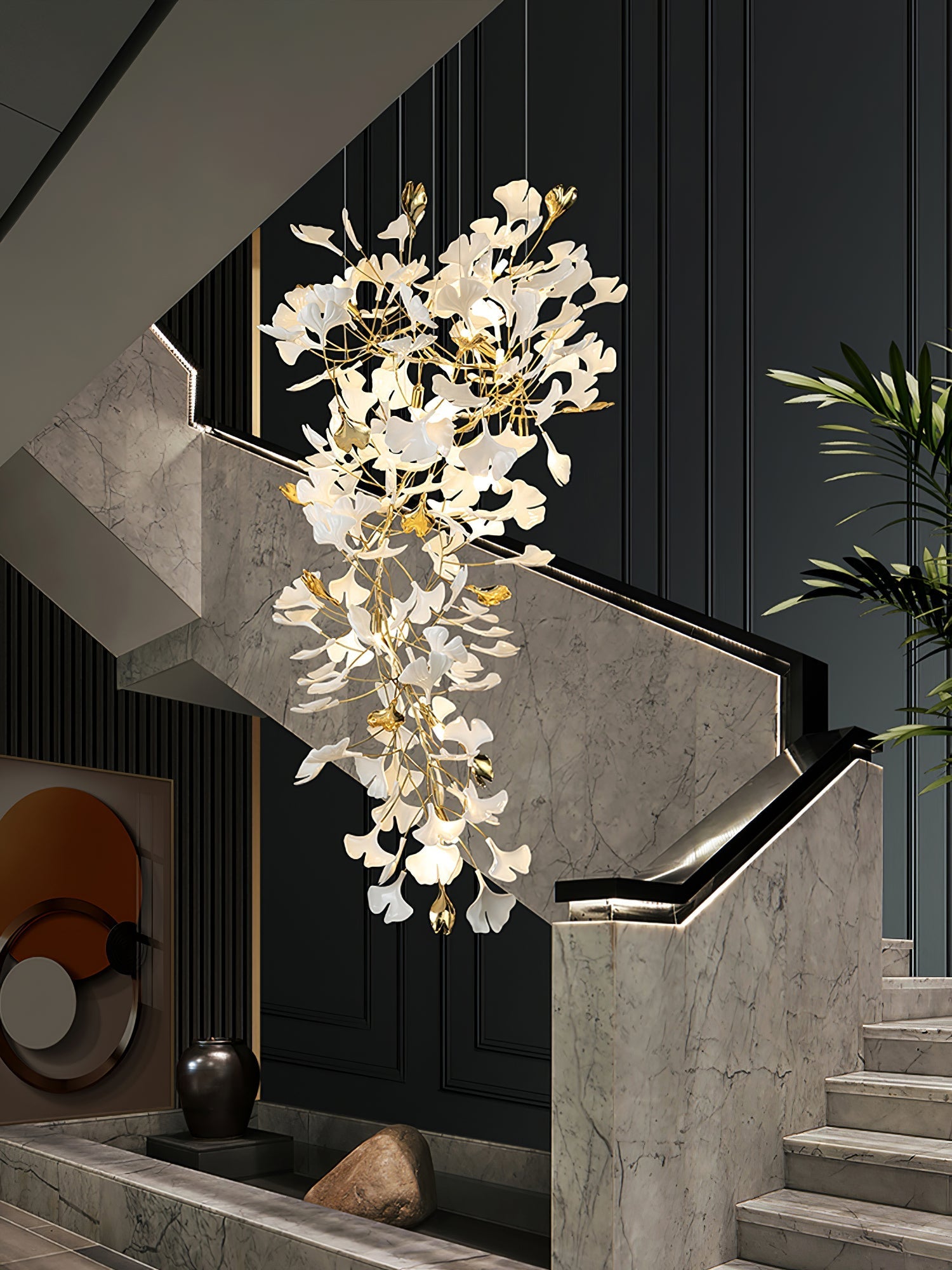 Olivia Ceramic Gingko Chandelier Luxury Hotel Staircase - Letslighting