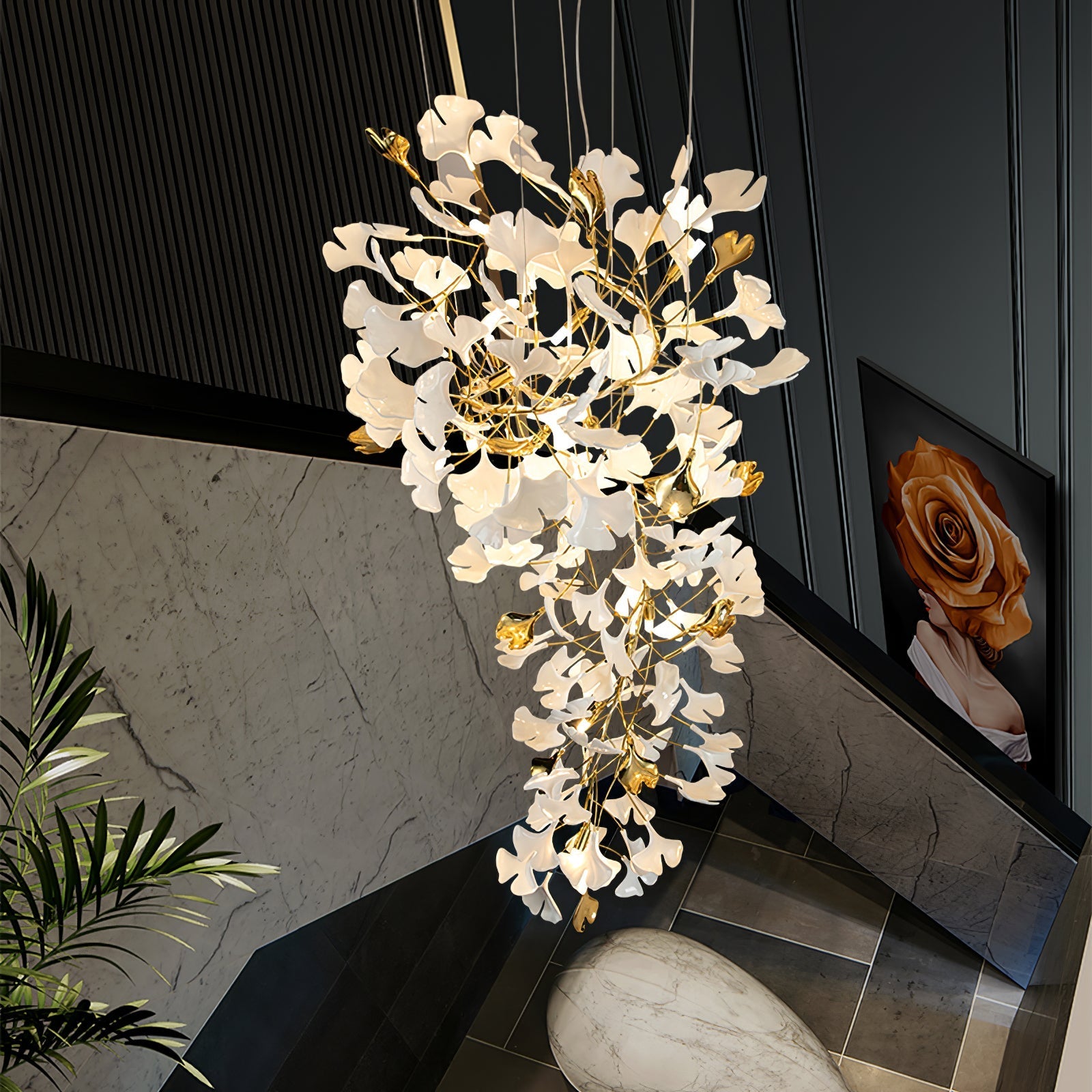Olivia Ceramic Gingko Chandelier Luxury Hotel Staircase - Letslighting