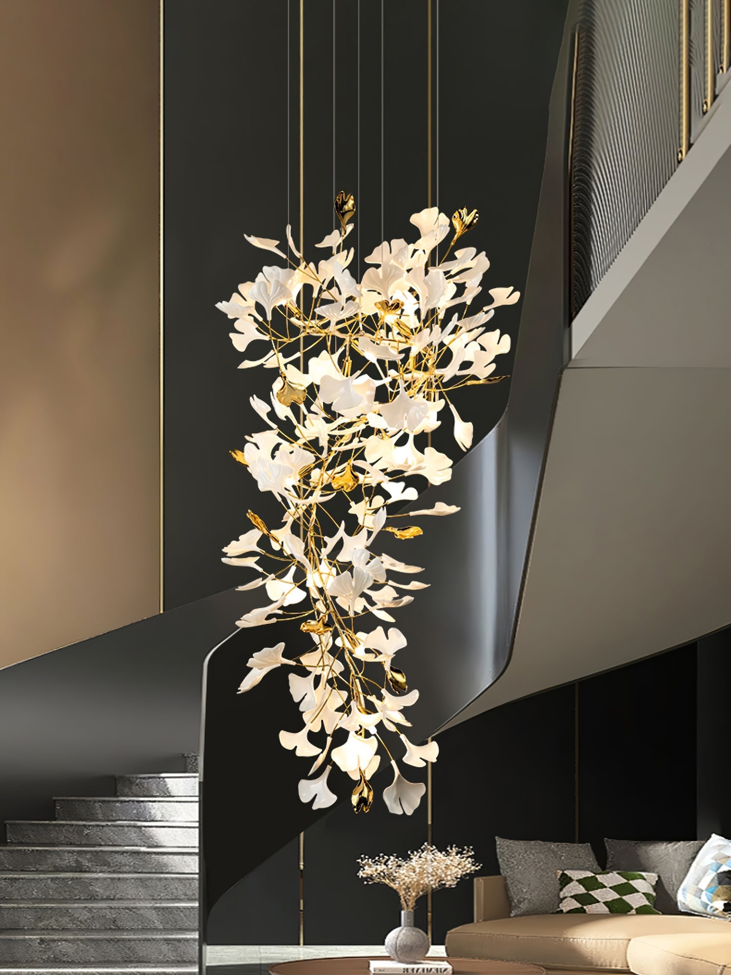 Olivia Ceramic Gingko Chandelier Luxury Hotel Staircase - Letslighting