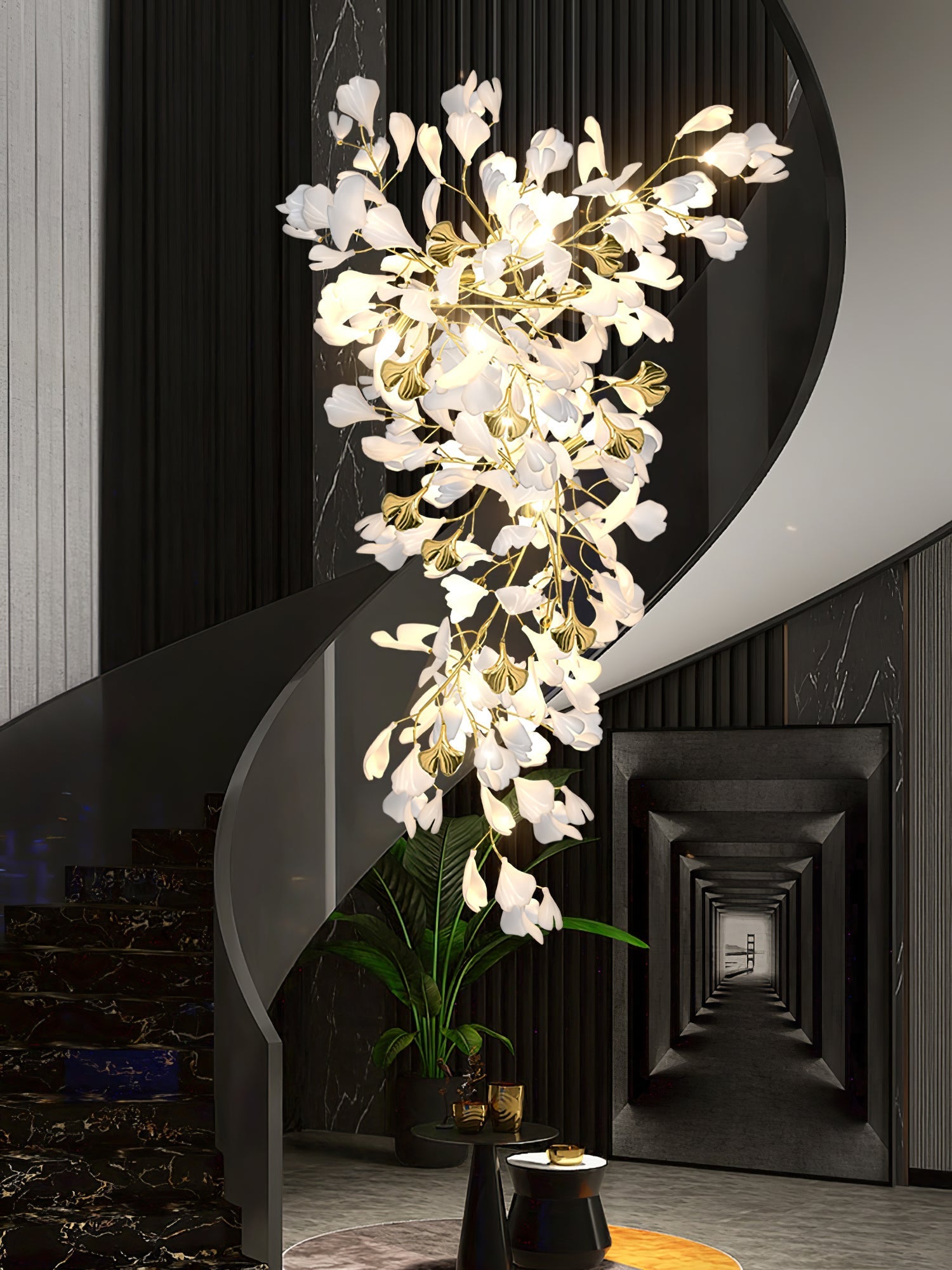 Olivia Ceramic Gingko Chandelier Luxury Hotel Staircase - Letslighting