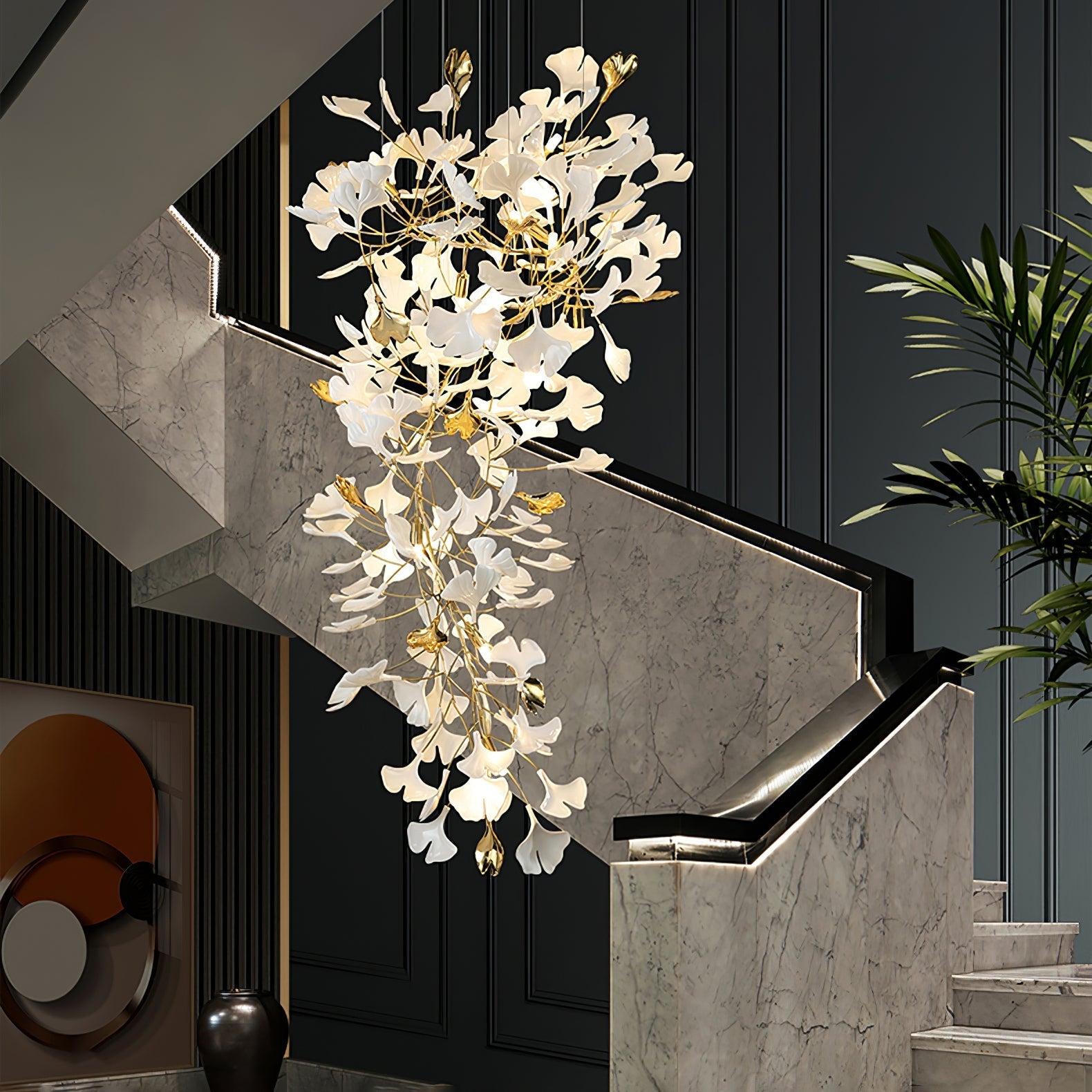 Olivia Ceramic Gingko Chandelier Luxury Hotel Staircase - Letslighting