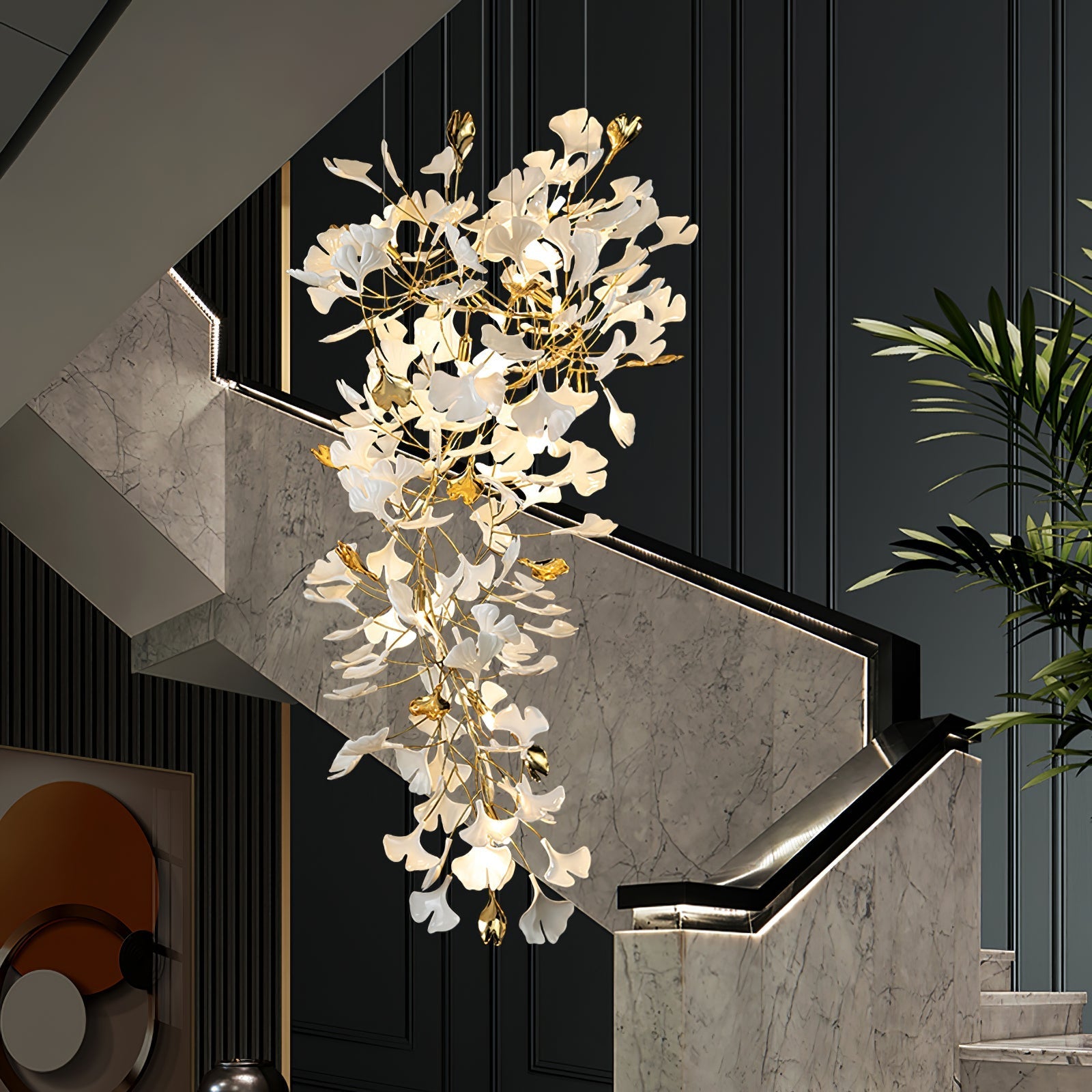 Olivia Ceramic Gingko Chandelier Luxury Hotel Staircase - Letslighting