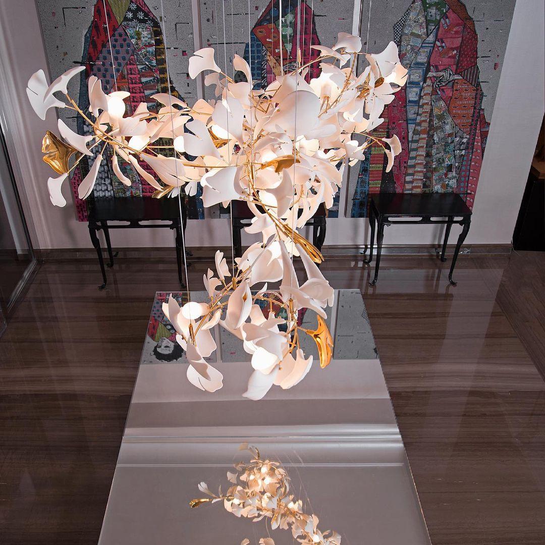 Chandelier Frame Ceramic Gingko Leaf Shade White Gold Modern - Letslighting