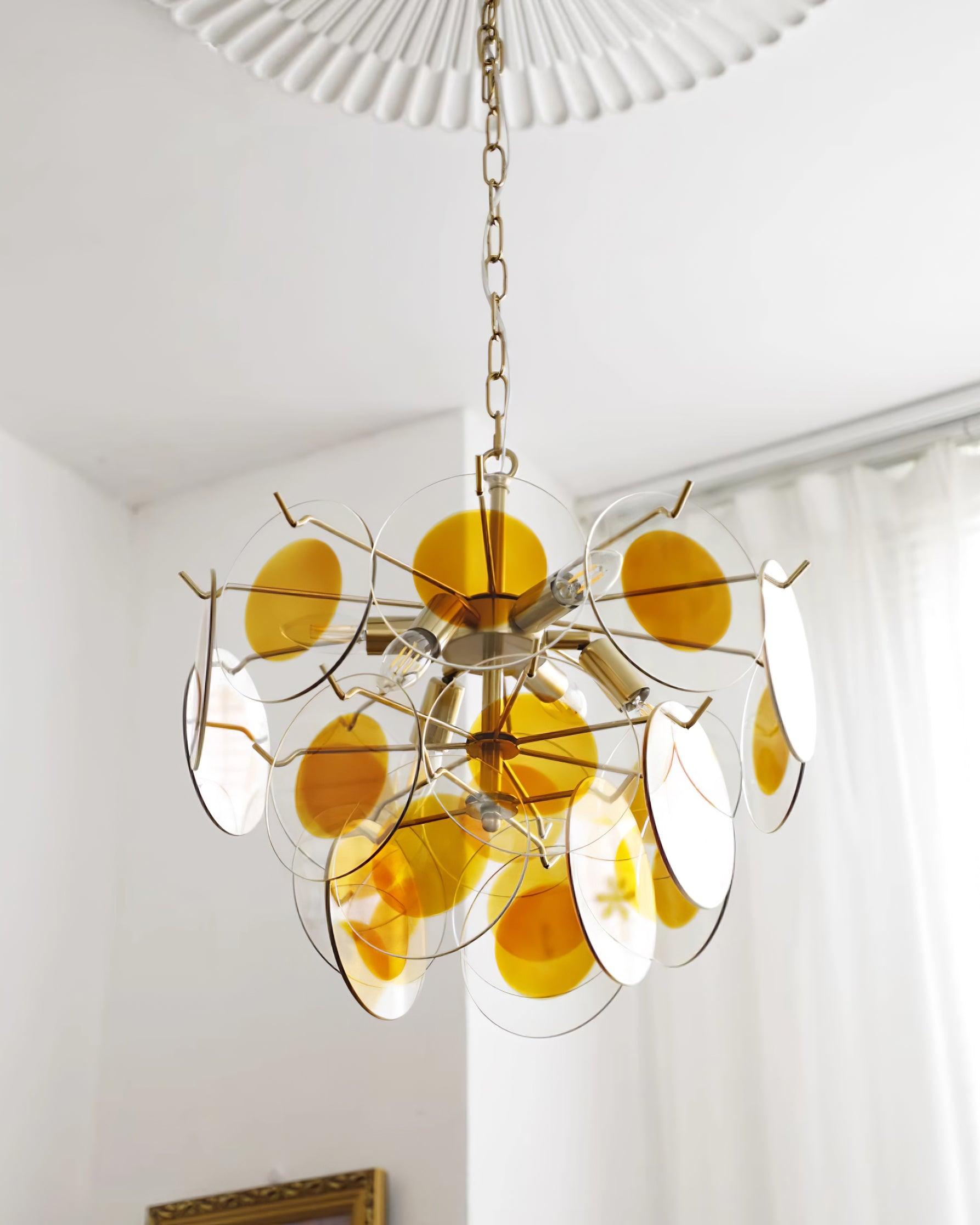 Glass Chandelier Caramel Discs Brass Frame Sculptural - Letslighting