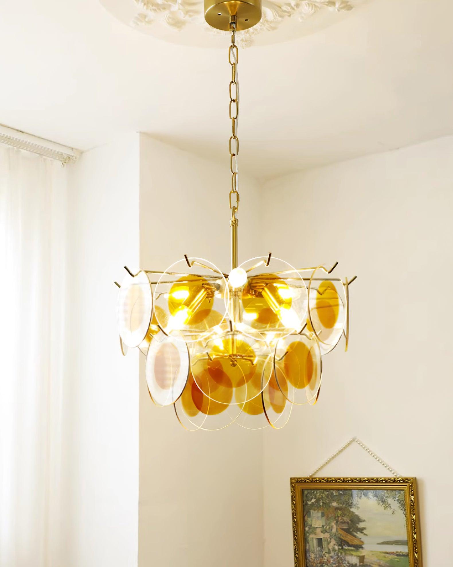 Glass Chandelier Caramel Discs Brass Frame Sculptural - Letslighting