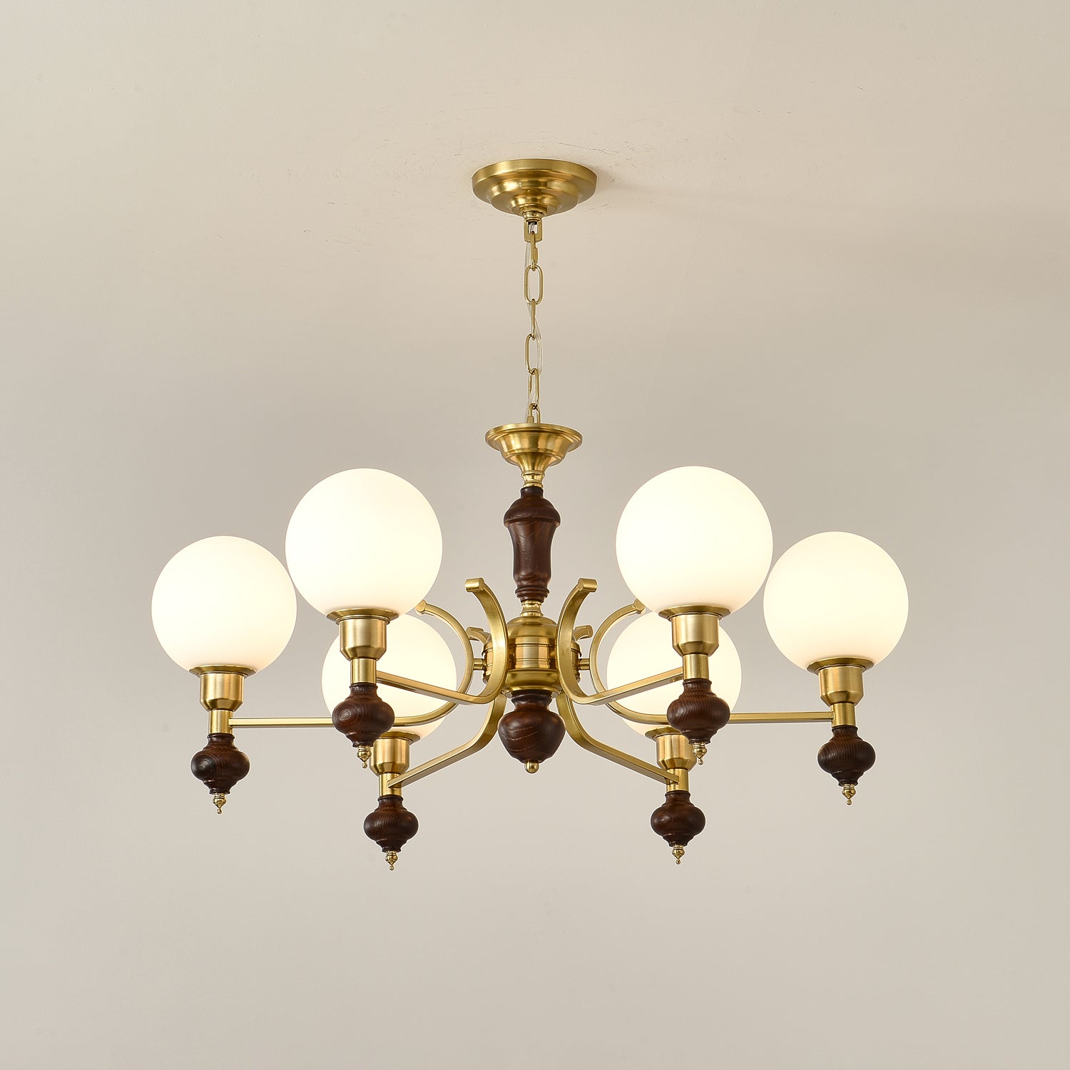 Lustra Chandelier Wood & Brass Globe Orb - Letslighting