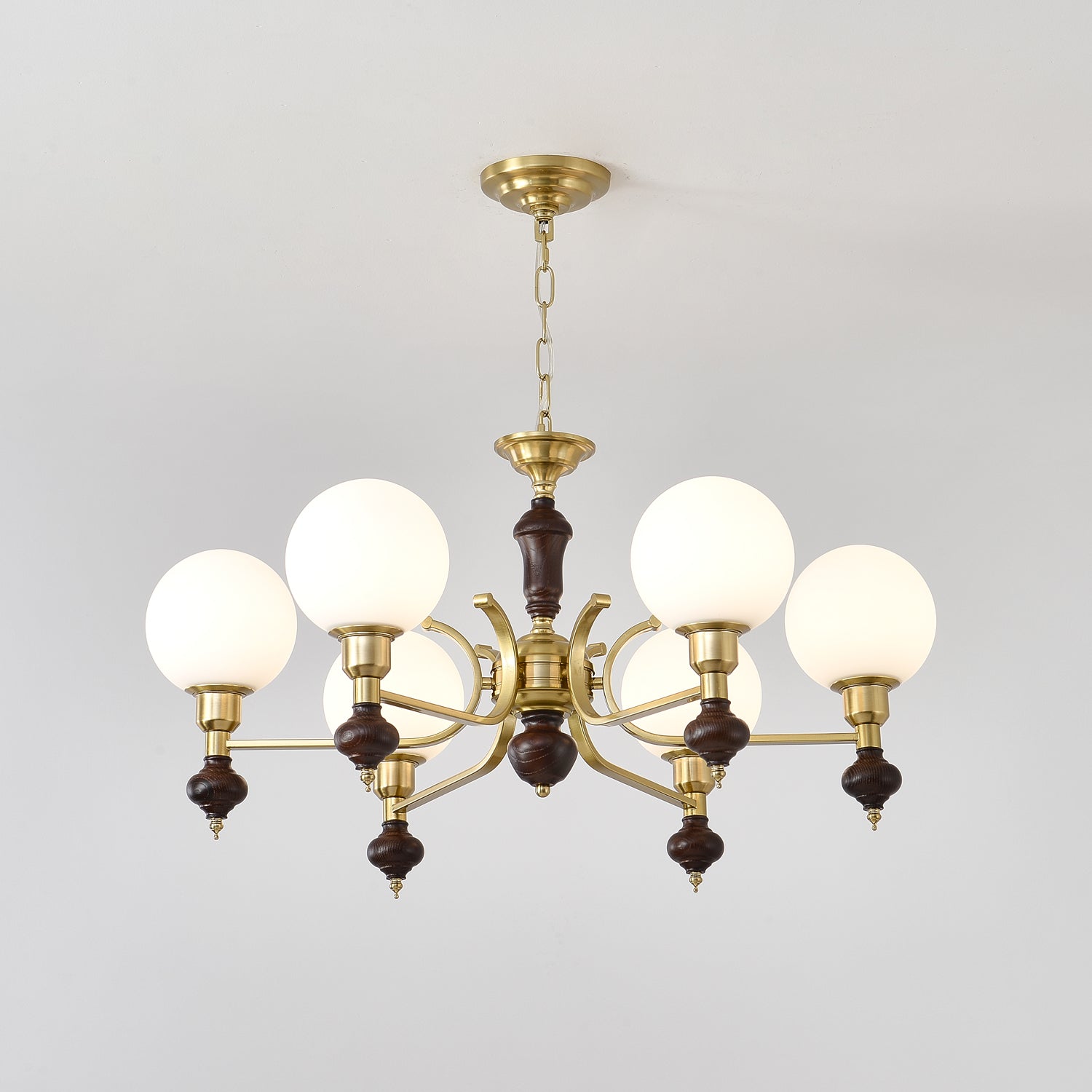 Lustra Chandelier Wood & Brass Globe Orb - Letslighting