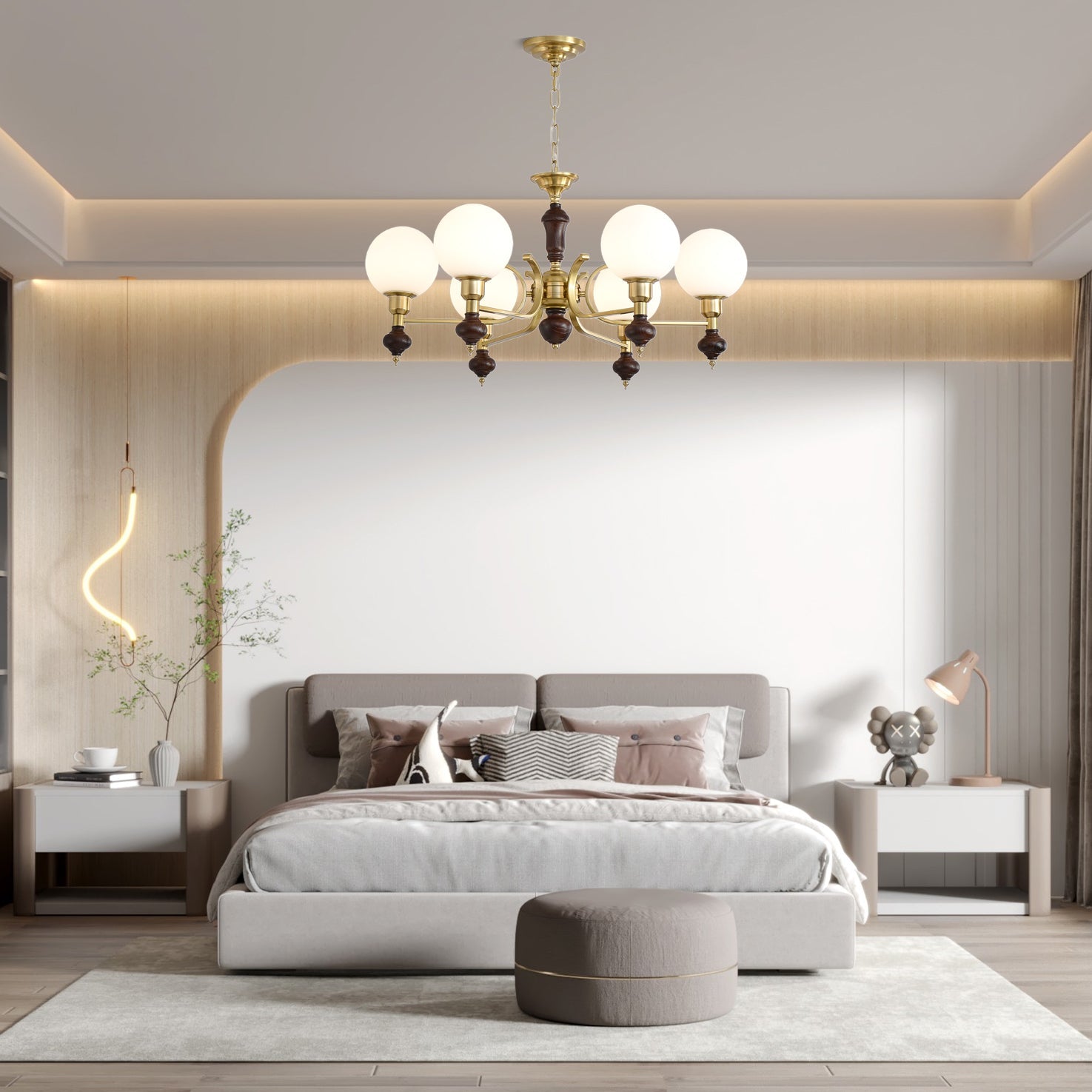Lustra Chandelier Wood & Brass Globe Orb - Letslighting