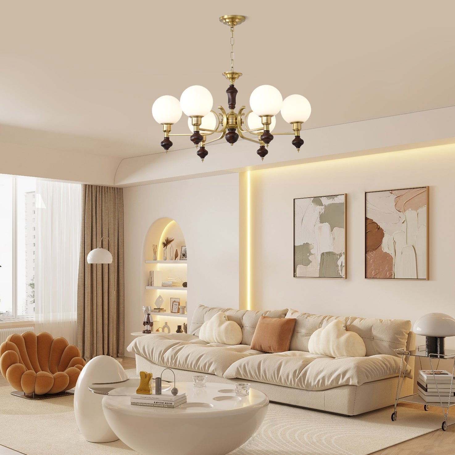 Lustra Chandelier Wood & Brass Globe Orb - Letslighting