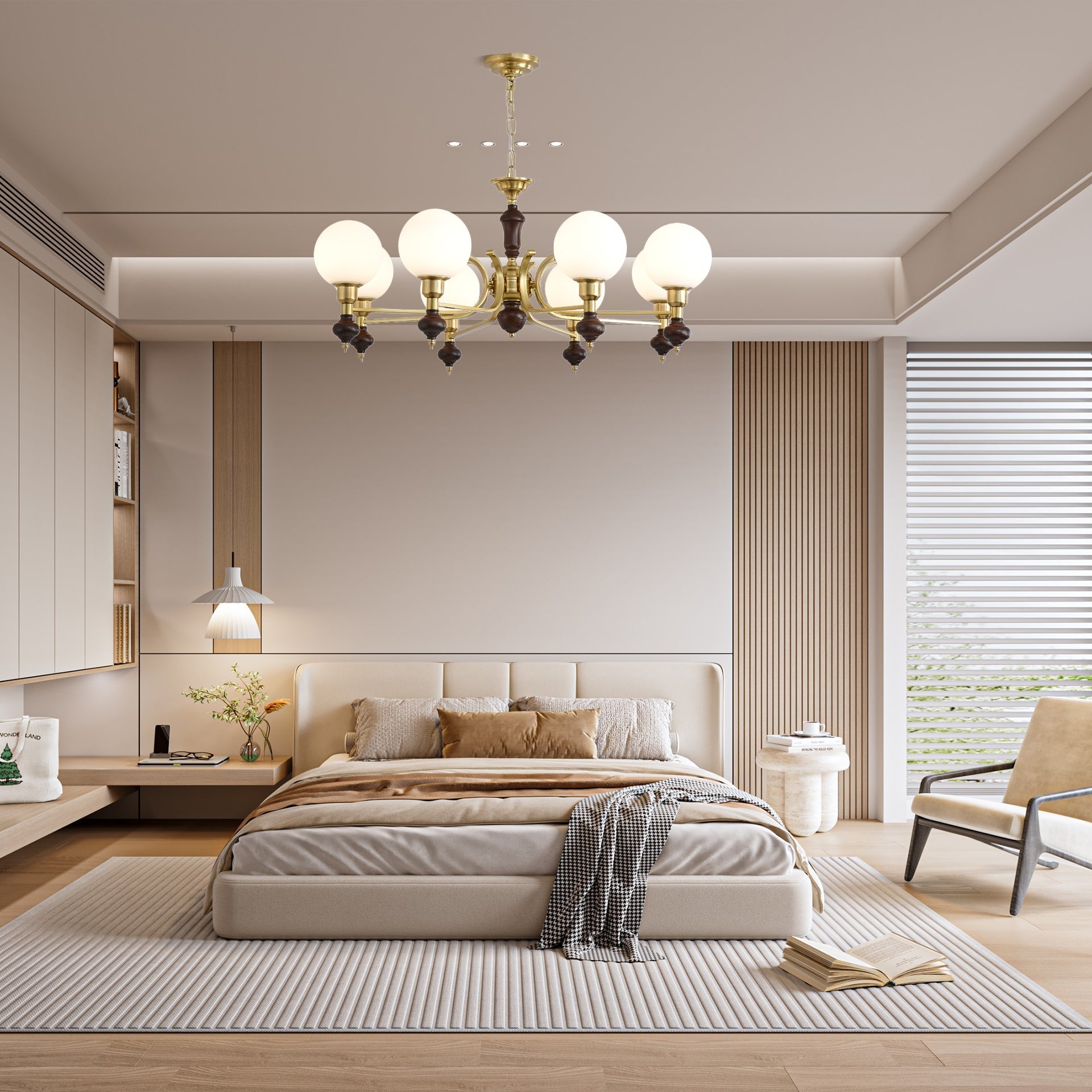 Lustra Chandelier Wood & Brass Globe Orb - Letslighting
