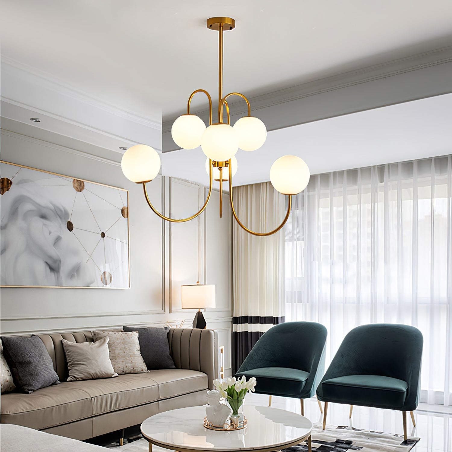 Lustra Chandelier Brass Globe Cluster Curved Arm - Letslighting