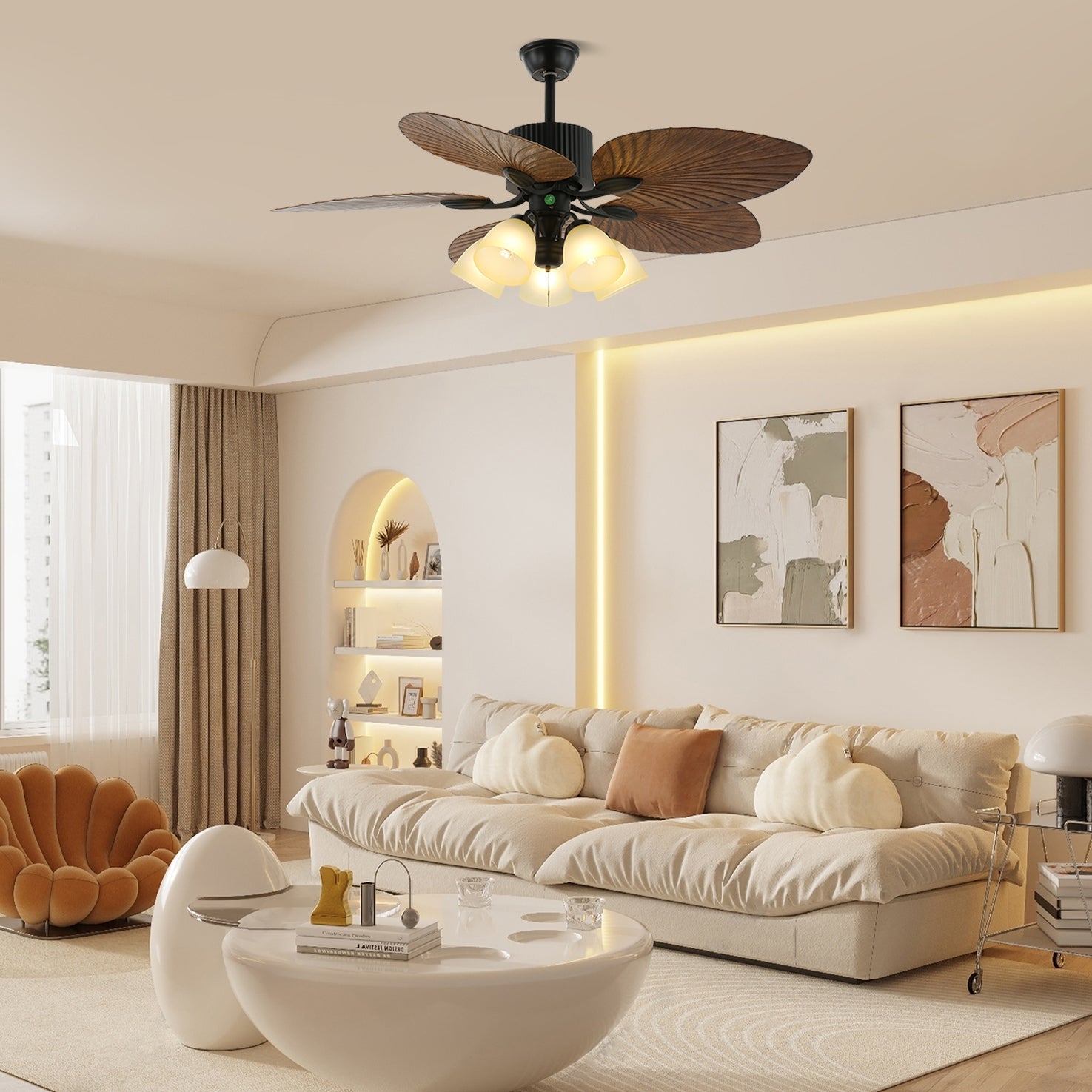 Elara Tropical Wood Glass Ceiling Fan Light - Letslighting